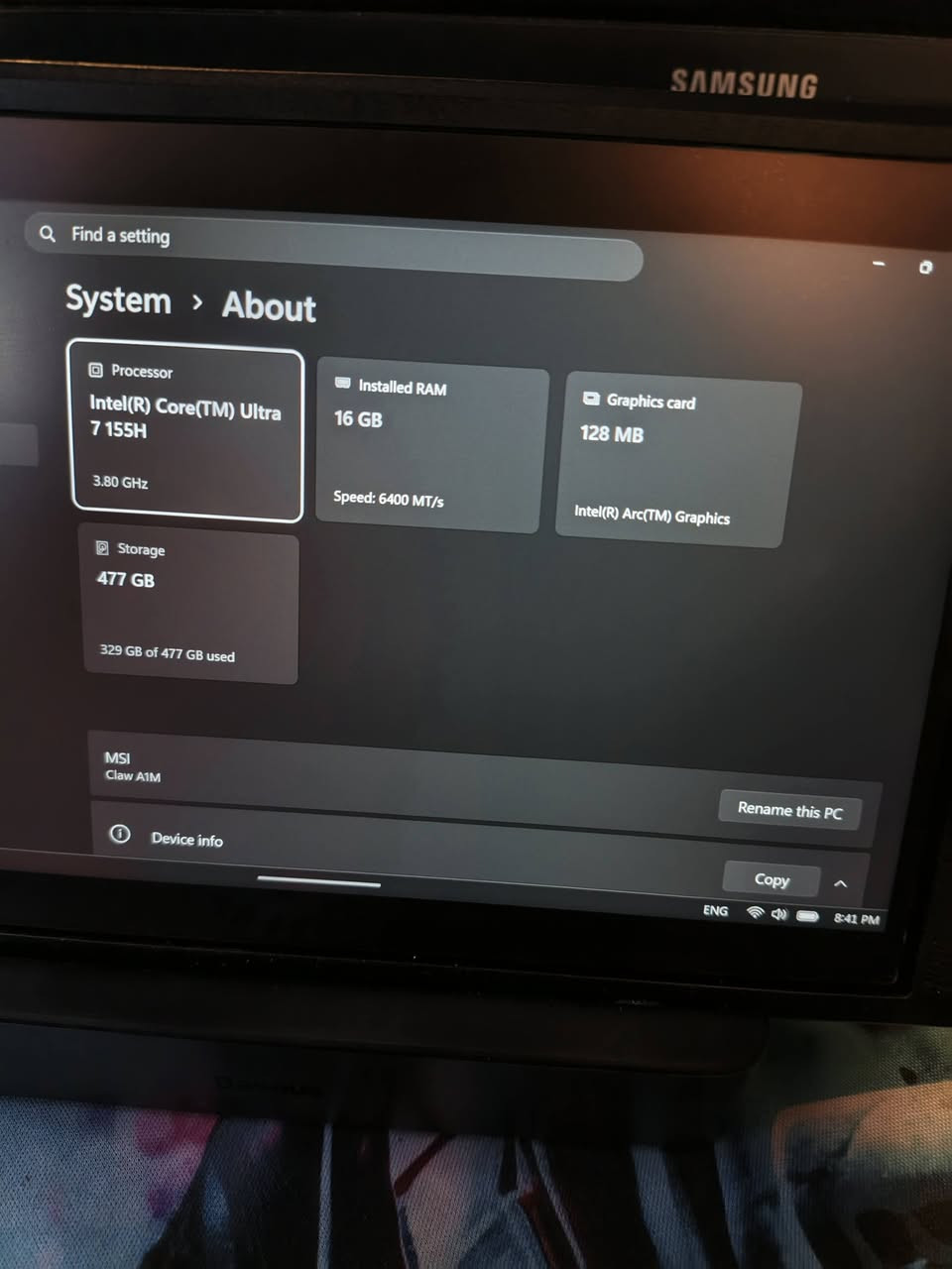 Msi claw
RGB
Core Ultra7 معالج حديث كلش  
Ram     16 
كارت الشاشه نوع  (Arc) شركة انتل 
Hard.  512  M.2  
الجهاز كلش نظيف مامستخدم اهوايه ابد 
نظام وندوز 11 اصلي  شرط 
السعر 800 وبي مجال 
العنوان بغداد الغزالية شارع البداله 
***********
