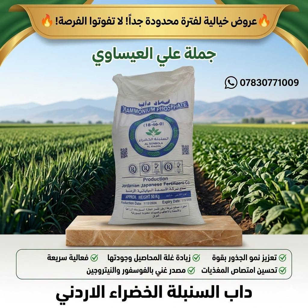 🚜 تم وصول سماد الداب السنبلة الخضراء الأردني 🇯🇴
🌾 علامة السنبلة الخضراء ✅ إنتاج الشركة الأردنية اليابانية للأسمدة ✅ متوفر بكميات كبيرة ✅ أسعار مناسبة مع تخفيضات خاصة للفلاحين ✅ بيع بالجملة والمفرد ✅ سعر تنافسي 🚚 توصيل مجاني

📍 العنوان: بابل – الكفل – مقابل كراج بني مسلم

📞 للاستفسار والطلب: ***********
***********

#داب #السنبلة_الخضراء #DAP #توصيل_مجاني #أسعار_جملة #بابل #الكفل
...ز.

نص مكتوب في الصور:
- 🔥 عروض خيالية لفترة محدودة جداً! لا تفوتوا الفرصة! 🔥 جملة علي العيساوي *********** تعزيز نمو الجذور بقوة زيادة غلة المحاصيل وجودتها فعالية سريعة تحسين امتصاص المغذيات مصدر غني بالفوسفور والنيتروجين داب السنبله الخضراء الاردني
- عروض حصرية! عروض حصرية! تخفيضات هائلة لفترة محدودة جملة علي العيساوي *********** يقوي الجذور لامتصاص أفضل يزيد من جودة ووفرة المحصول يعزز النمو الخضري القوي داب السنبلة الخضراء الاردني
- داب السنبلة الخضراء
- جملة
- علي العيساوي
- ***********