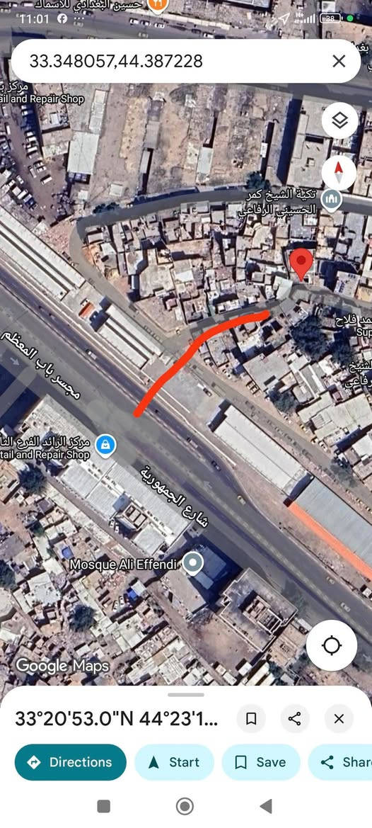 سلام عليكم من رخصة الٱدمن دار ركن للبيع  في بغداد منطقة الفضل محلة المجارية يبعد عن شارع الجمهورية 100..المساحة الكلية 92 م واجهة 6.30م ونزال 16 متر الدار تعتبر ارض غير صالح للسكن  واخوان رحمة الولديكم اللي يريد يشتري هذا الرقم يتواصل على الخاص او الوتس اب ...للتفاصيل والسعر  التواصل   او الاتصال على الرقم ***********@

نص مكتوب في الصور:
- 33.348057,44.387228
- تكية الشيخ كمر الحسيني الرفاعي
- محمد فلاح
- مجسر باب المعظم
- مركز الرائد الفرع الثا
- tail and Repair Shop
- شارع الجمهورية
- Mosque Ali Effendi
- Google Maps
- 33°20'53.0"N 44°23'1...
- Directions
- Start
- Save
- Share