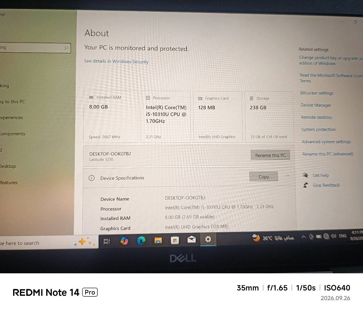 ديل ليتيود 5310  / dell latitude 5310
معالج intel core i5 
الجيل العاشر 
فئه المعالج U اقتصادي بطارية تطول 8 ساعات استخدام متواصل
رام 8GB قابل للزيادة 
كرت شاشة مدمج intel UHD GRAPHICS 128MB
تخزين 238 SSD ايضا قابل للزيادة 
1080x1920 حجم الشاشة full HD
مناسبه للدراسة والتصفح والعمل ببرامج متوسطه الاداء
تجي بكامرة امامية HD وبصمه وجه وبصمه اصبع  
مكفوله من اي عطل 
سبب البيع محتاج فلوس