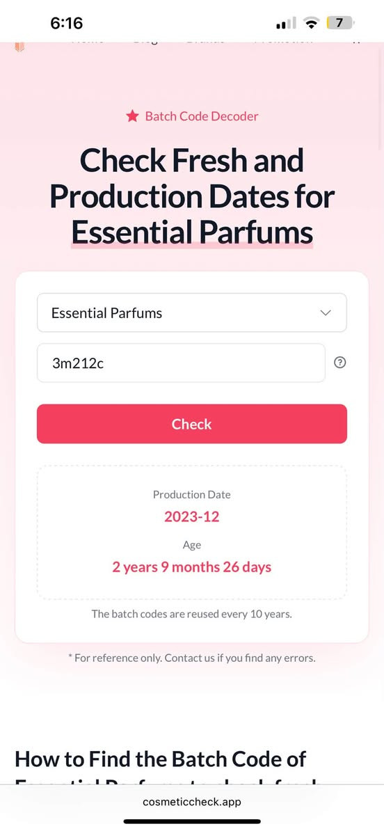٢ هم ازدار قدیم سعر هم ٩٥ الف

نص مكتوب في الصور:
- QR code App Get Info from any code, such as Nutritional details, Discounts, Pricing QR now Instalar Check Fresh and Production Dates for Essential Parfums Essential Parfums 3m211c Check Production Date 2023-12 Age 2 years 9 months 26 days The batch codes are reused every 10 years. * For reference only. Contact us if you find any errors. Discover more cosmeticcheck.app
- 6:16 7 Batch Code Decoder Check Fresh and Production Dates for Essential Parfums Essential Parfums 3m212c Check Production Date 2023-12 Age 2 years 9 months 26 days The batch codes are reused every 10 years. * For reference only. Contact us if you find any errors. How to Find the Batch Code of cosmeticcheck.app