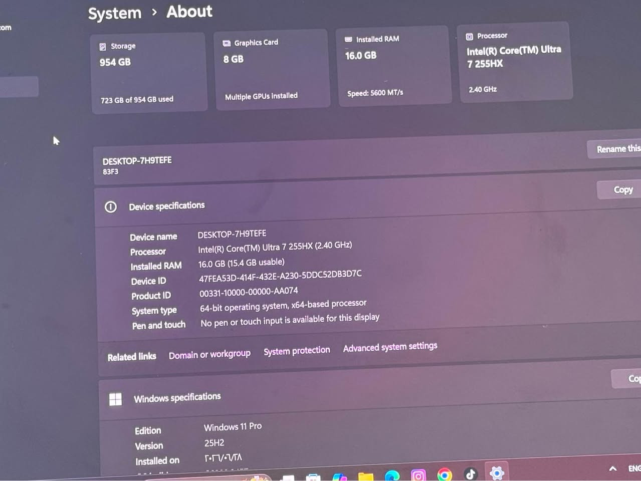 🔥 وصل الوحش… Lenovo Legion 5 Pro 🔥
إذا تريد جهاز يجمع القوة، الفخامة، والأداء العالي، فهذا الـ Legion 5 Pro حاضر بكل ثقله: Intel Core Ultra 7 255HX، رام 16GB DDR5 بسرعة 5600MT/s، تخزين 1TB SSD، وكرت شاشة NVIDIA GeForce RTX 5060 8GB GDDR7 بقدرة 115W 🚀🎮، مع شاشة OLED Real Black بألوان عميقة وتفاصيل خرافية، ونظام صوت Harman Audio، وشاحن أصلي قوي 245W ⚡.

💻 Lenovo Legion 5 Pro — جهاز مصمم للألعاب الثقيلة، التصميم، المونتاج، البرمجة وصناعة المحتوى، وبأداء يخليك تعتمد عليه بكل شغلك؛ متوفر لدى مكت التقني للحاسبات 📍 النجف الأشرف – حي الغري – شارع الأربع شوارع – قرب ماستر جم، 📞 *********** — جهاز واحد… قوة Legion كاملة. 🔥 النجف, العراق

نص مكتوب في الصور:
- System > About Storage 954 GB 723 GB of 954 GB used Graphics Card 8 GB Multiple GPUs installed Installed RAM 16.0 GB Speed: 5600 MT/s Processor Intel(R) Core(TM) Ultra 7 255HX 2.40 GHz Rename this Copy DESKTOP-7H9TEFE 83F3 Copy Device specifications Device name DESKTOP-7H9TEFE Processor Intel(R) Core(TM) Ultra 7 255HX (2.40 GHz) Installed RAM 16.0 GB (15.4 GB usable) Device ID 47FEA53D-414F-432E-A230-5DDC52DB3D7C Product ID 00331-10000-00000-AA074 System type 64-bit operating system, x64-based processor Pen and touch No pen or touch input is available for this display Related links Domain or workgroup System protection Advanced system settings Copy Windows specifications Edition Windows 11 Pro Version 25H2 Installed on ENG
- Task Manager Performance CPU 1% 2.46 GHz Memory 8.4/15.4 GB (55%) Disk 0 (C: D:) SSD (NVMe) 0% Ethernet Ethernet 4 S: 0 R: 0 Kbps Wi-Fi Wi-Fi S: 0 R: 0 Kbps NPU 0 Intel(R) AI Boost 0% N/A GPU 0 Intel(R) Graphics 1% N/A GPU 1 NVIDIA GeForce RTX 5... 0% (42 °C) GPU 3D Video Encode Video Decode Dedicated GPU memory Shared GPU memory Utilization 0% GPU Memory 0.0/16.8 GB Dedicated GPU memory 0.0/8.0 GB Shared GPU memory 0.0/8.8 GB Temperature 42 °C Driver version: 32.0.16.1692 Driver date: 04/09/2026 DirectX version: 12 (FL 12.2) Physical location: PCI bus 2, device 0, function 0 Hardware reserved memory: 293 MB NVIDIA GeForce RTX 5060 Laptop GPU Run new task 37°C سماء صافية ENG