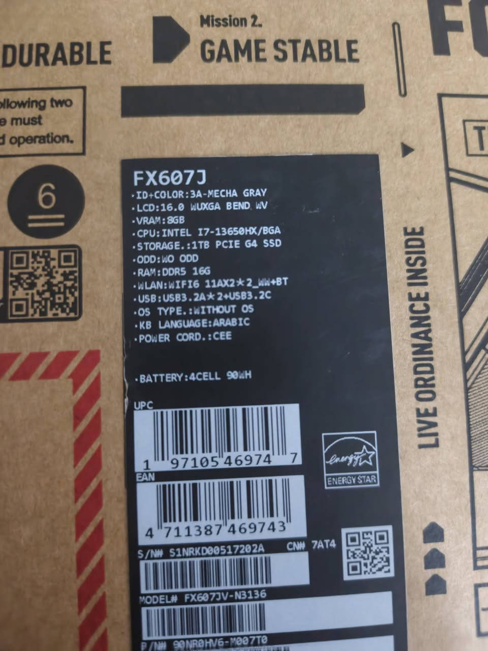 ASUS TUF Gaming F16 (الموديل: FX607JV-N3136
المعالج (CPU): Intel Core i7-13650HX  معالج قوي جد​اللون: Mecha Gray (رمادي ميكا).اً من الجيل 13 بفئة HX المخصصة للأداء العالي (High Performance)، ممتاز للألعاب الثقيلة، المونتاج، والتصميم الهندسي.
...... 
كرت الشاشة (VRAM): بحجم 8GB
NVIDIA GeForce RTX 4060
​الذاكرة العشوائية (RAM): DDR5 بحجم 16GB
​مساحة التخزين (STORAGE): 1TB PCIe Gen4 SSD
​الشاشة 16بوصه . 
​البطارية (BATTERY): 4Cell 90WHrs
​اللون: Mecha Gray (رمادي ميكا).
 نضافه. 100/100 السعر مليون 500
مكاني بغداد الشعب. واتساب ***********
