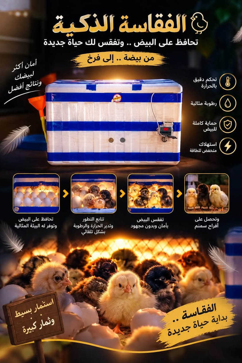 للحجز  وتفاصيل  خاص او عل رقم ***********

نص مكتوب في الصور:
- فقاسة عملية وموثوقة سعة التخزين 120 بيضة تأخذ ربع أمبير تشتغل علي USB سعر الفقاسة 85.000 دينار عراقي توصيل مجاني لجميع المحافظات
- الفقاسة الذكية تحافظ على البيض .. وتفقس لك حياة جديدة من بيضة .. إلى فرخ أمان أكثر لبيضك ونتائج أفضل تحكم دقيق بالحرارة رطوبة مثالية حماية كاملة للبيض استهلاك منخفض للطاقة تحافظ على البيض وتوفر له البيئة المثالية تتابع التطور وتدير الحرارة والرطوبة بشكل تلقائي تفقس البيض بأمان وبدون مجهود وتحصل على أفراح سمنم استثمار بسيط وثمار كبيرة الفقاسة .. بداية حياة جديدة