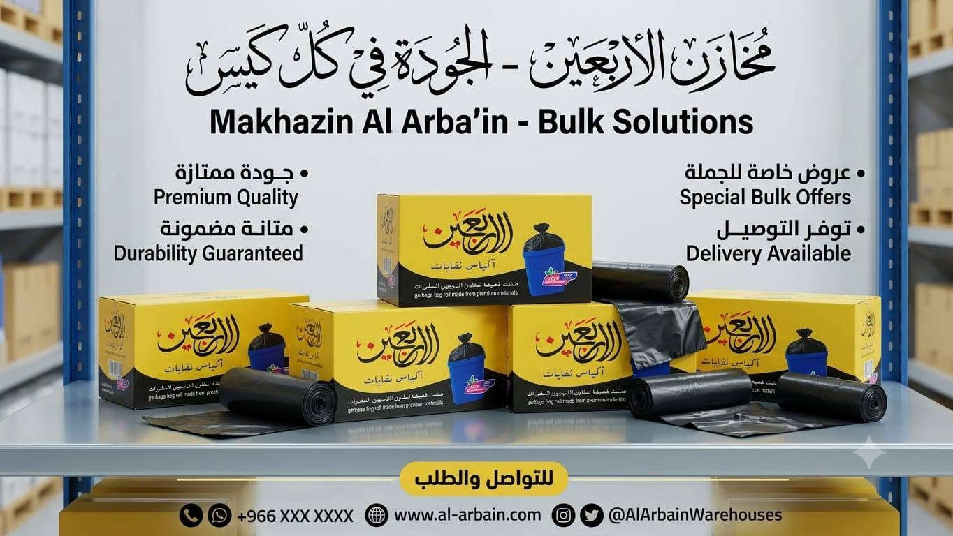 سلام عليكم 
تفريغ تريلات اليوم 
مخازن الاربعين للسفريات والورقيات والمنظفات الكائنه ب البصره 
للاستفسار الاتصال او مراسله الاداره وات ساب ***********

نص مكتوب في الصور:
- ***********
- النوادي ... نعومة فائقة لكل لحظة جودة ممتازة مضمونة PREMIUM QUALITY متوفر الآن بعبوات توفيرية
- مخازن الأربعين - الجودة في كل كيس Makhazin Al Arba'in - Bulk Solutions جودة ممتازة Premium Quality متانة مضمونة Durability Guaranteed عروض خاصة للجملة Special Bulk Offers توفر التوصيل Delivery Available للتواصل والطلب +966 XXX XXXX www.al-arbain.com @AlArbainWarehouses
- مخازن الأربعين: جودة "جاهان" تلمع على مائدتكم! قوة، أناقة، وسهولة في الاستخدام مصنوعة من مواد صديقة للبيئة خيارات متنوعة تناسب كل مناسبة مخازن الأربعين Stores of Arbaeen Storesofarbaeen.com +022 586 7770