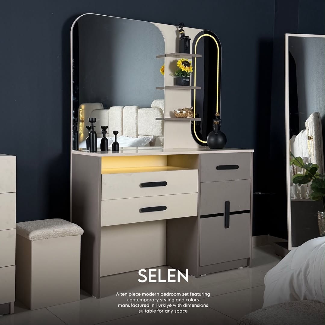 

نص مكتوب في الصور:
- SELEN A ten piece modern bedroom set featuring contemporary styling and colors manufactured in Türkiye with dimensions suitable for any space
- SELEN
- A ten piece modern bedroom set featuring
- contemporary styling and colors
- manufactured in Türkiye with dimensions
- suitable for any space
- A ten piece modern bedroom set featuring contemporary styling and colors manufactured in Türkiye with dimensions suitable for any space