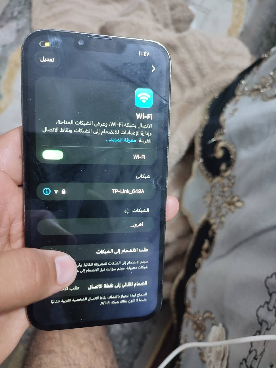 13بور ماكس نضيف حيل
ذكرته 256 شاشه اصليه مبدل وبطارهيه اصليه 100
كلشي شغال بي 
فقط نت ضعيف له قريب يلا وعندك كمرته وره بيه غواش تحتاج تنضيف سعره 325 بكاني بغداد الجديدة شراي خاص او وتساب ماجاوب تعليقات...

***********

نص مكتوب في الصور:
- ١١:٤٧
- تعديل
- Wi-Fi
- الاتصال بشبكة Wi-Fi، وعرض الشبكات المتاحة، وإدارة الإعدادات للانضمام إلى الشبكات ونقاط الاتصال القريبة. معرفة المزيد...
- شبكاتي
- TP-Link_649A
- الشبكات
- أخرى...
- طلب الانضمام إلى الشبكات
- سيتم الانضمام إلى الشبكات المعروفة تلقائيا. وفي حال عدم توفر شبكات معروفة، سيتم سؤالك قبل الانضمام إلى شبكات جديدة.
- الضمام تلقائي إلى نقطة الاتصال
- طلب الاتصال
- السماح لهذا الجهاز باكتشاف نقاط الاتصال الشخصية القريبة تلقائيا عندما لا تكون هناك شبكة Wi-Fi.