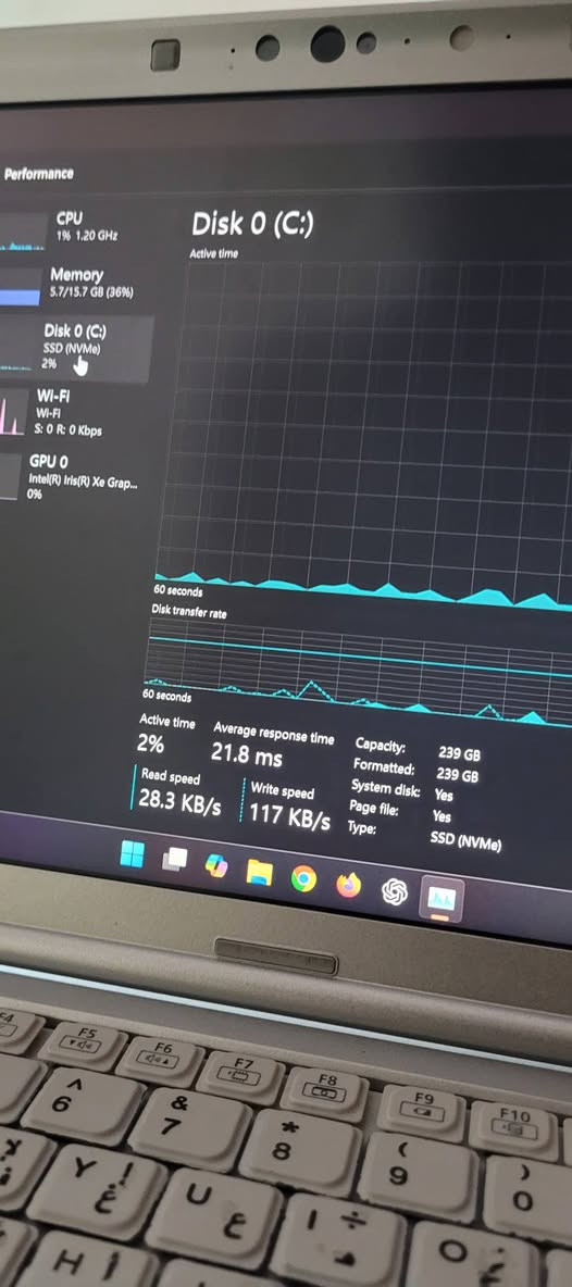 المواصفات الفنية بالتفصيل:
نظافة 95%
المعالج: Intel Core i5-1145G7 (الجيل الحادي عشر - فئة G7 العالية Performance).

كرت الشاشة: Intel Iris Xe Graphics 8G (أداء ممتاز للمونتاج، التداول، والبرمجة).

الذاكرة العشوائية (RAM): 16 جيجابايت من نوع LPDDR4x بسرعة عالية تصل إلى 4266MHz

التخزين (الهارد): 256 جيجابايت NVMe M.2 SSD من شركة Samsung (من أسرع وأجود أنواع الهاردات في نقل البيانات).

الشاشة: 12.1 بوصة بدقة FHD+ (1920×1200) بتقنية IPS مريحة للعين.

الوزن: خفيف جداً (حوالي 0.99 كغم فقط) مع متانة عالية ضد الصدمات.
البطارية والمنافذ: تشغيل يدوم لساعات طويلة، يحتوي على جميع المنافذ الأساسية (Thunderbolt 4 / Type-C، USB 3.0، HDMI، LAN، وقارئ كروت ذاكرة).
بسعر مناسب جدا 
للتواصل اتصال+ واتس اب
***********

نص مكتوب في الصور:
- Performance CPU 1% 1.20 GHz Memory 5.7/15.7 GB (36%) Disk 0 (C:) SSD (NVMe) 2% Wi-Fi Wi-Fi S: 0 R: 0 Kbps GPU 0 Intel(R) Iris(R) Xe Grap... 0% Disk 0 (C:) Active time 60 seconds Disk transfer rate 60 seconds Active time 2% Average response time 21.8 ms Capacity 239 GB Formatted 239 GB System disk Yes Page file Yes Read speed 28.3 KB/s Write speed 117 KB/s Type SSD (NVMe)
- DKurdistan Local Account Find a setting Home System Bluetooth & devices Network & internet Personalization Apps Accounts Time & language Gaming Accessibility Privacy & security Windows Update System > About Storage 238 GB 49 GB of 238 GB used Graphics Card 128 MB Intel(R) Iris(R) Xe Graphics Installed RAM 16.0 GB Processor 11th Gen Intel(R) Core(TM) i5-1145G7 @ 2.60GHz 2.61 GHz DESKTOP-OCEIVLE CFSV1-2 Rename this PC Device specifications Copy Device name DESKTOP-OCEIVLE Processor 11th Gen Intel(R) Core(TM) i5-1145G7 @ 2.60GHz 2.61 GHz Installed RAM 16.0 GB (15.7 GB usable) Device ID 912249E0-FBEB-4FA2-8695-5E9BCEE3F3E4 Product ID 00355-62832-61062-AAOEM System type 64-bit operating system, x64-based processor Pen and touch No pen or touch input is available for this display Related links Domain or workgroup System protection Advanced system settings Windows specifications
- mory
- Usage
- 16.0 GB
- 15.7 G
- conds
- ory composition
- le (Compressed)
- 2 GB (0 MB)
- mmitted
- 1/16.7 GB
- ged pool
- 72 MB
- Available
- 9.9 GB
- Cached
- 3.9 GB
- Non-paged pool
- 289 MB
- Speed:
- Slots used:
- Form factor:
- Hardware reserved:
- 4267 MT/s
- 8 of 8
- Row of chips
- 353 MB
- Show
- ENG