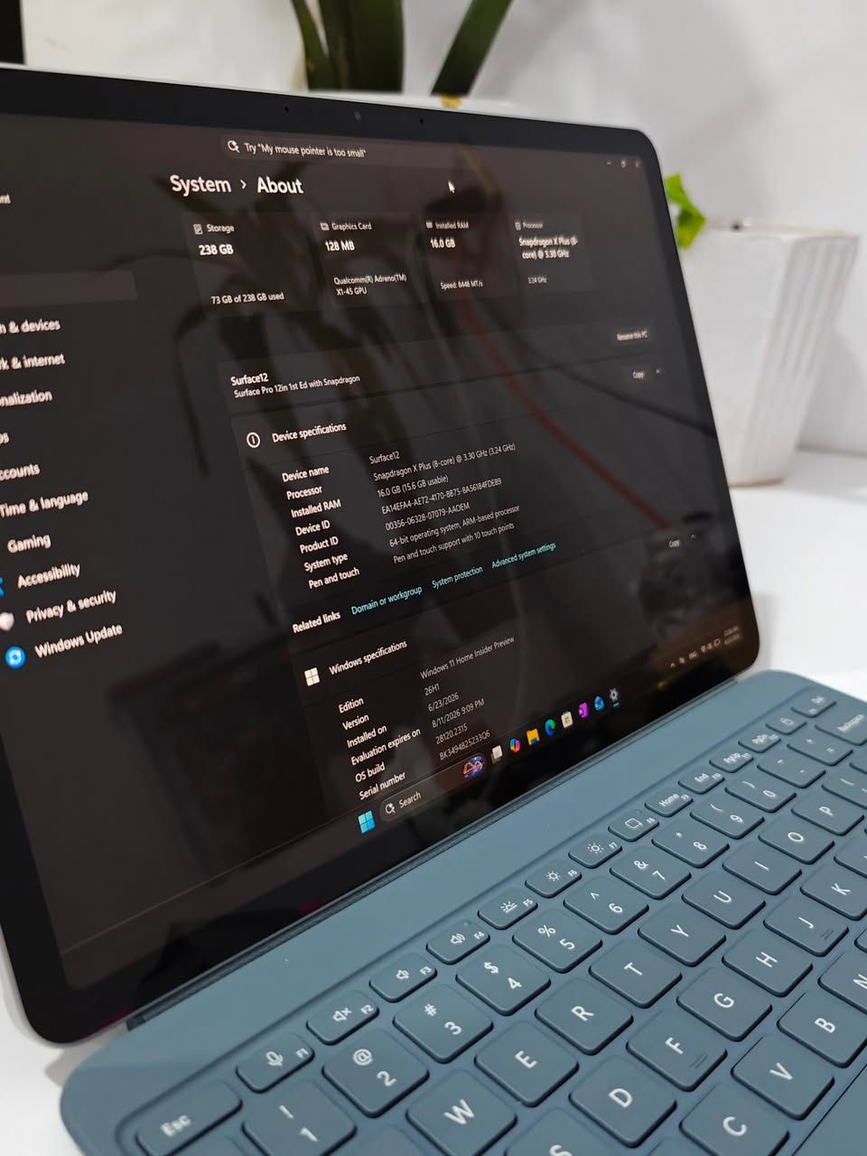 العرض الأقوى: Microsoft Surface Pro 12 1st Edition

* أداء جبار: معالج Snapdragon® X Plus بـ 8 أنوية، صُمم خصيصاً للمهام الثقيلة والذكاء الاصطناعي بسرعات تصل لـ 3.4 جيجاهرتز.
* شاشة مذهلة: مقاس 12 بوصة PixelSense™ LCD بتردد 90 هرتز، توفر استجابة فائقة لللمس والقلم.
* بطارية عملاقة: انْسَ الشاحن طوال اليوم مع عمر بطارية يصل إلى 16 ساعة.
* خفة وجمال: هيكل ألمنيوم فاخر وتصميم نحيف جداً يزن حوالي 1 كجم فقط.

📋 المواصفات الفنية:

* الذاكرة: 16GB LPDDR5x (سريعة جداً).
* التخزين: 256GB SSD فائق السرعة.
* النظام: Windows 11 الأصلي مع ميزات Copilot+ الذكية.
* الكاميرا: كاميرا Studio الأمامية بدقة 1080p مع ميزات التأطير التلقائي.
* خاصية Face-ID لفتح القفل 

*عدد الدورات البطارية 🔋  : 51
*الحالة : مستخدم بدون بوكس
*السعر :
 1- جهاز فقط 1،200،000
2- مع كيبورد (كوبي بلوتوث) 1،300،000
3- مع كيبورد الاصلي 1،450،000

✅ خدمة سريعة وضمان 30 يوم
📍 متوفر الآن للتوصيل الفوري لكل محافظات العراق.
للتواصل و الاستفسار : ***********

https://t.me/epic_store2

نص مكتوب في الصور:
- Try "My mouse pointer is too small"
- System > About
- Storage
- 238 GB
- 73 GB of 238 GB used
- Graphics Card
- 128 MB
- Qualcomm(R) Adreno(TM)
- X1-45 GPU
- Installed RAM
- 16.0 GB
- Speed: 8448 MT/s
- Processor
- Snapdragon X Plus (8-
- core) 3.30 GHz
- 3.24 GHz
- & devices
- k & internet
- nalization
- DS
- counts
- Time & language
- Gaming
- Accessibility
- Privacy & security
- Windows Update
- Surface12
- Surface Pro 12in 1st Ed with Snapdragon
- Rename this PC
- Copy
- Device specifications
- Device name
- Snapdragon X Plus (8-core) @ 3.30 GHz (3.24 GHz)
- 16.0 GB (15.6 GB usable)
- Device ID
- EA14EFA4-AE72-4170-8875-8A56184FDEB9
- Product ID
- 00356-06328-07079-AAOEM
- System type
- 64-bit operating system, ARM-based processor
- Pen and touch
- Pen and touch support with 10 touch points
- Related links
- Domain or workgroup
- System protection
- Advanced system settings
- Windows specifications
- Edition
- Windows 11 Home Insider Preview
- Version
- 26H1
- Installed on
- 6/23/2026
- Evaluation expires on
- 8/11/2026 9:09 PM
- OS build
- 28120.2315
- Serial number
- BK3494825233Q6
- Search
- attery report SURFACE12 MPUTER NAME STEM PRODUCT NAME Microsoft Corporation Surface Pro 12in 1st Ed with Snapdragon IOS 9.166.235 05/27/2026 OS BUILD 28000.4.arm64fre.br_release_flt.251110-1140 PLATFORM ROLE Slate CONNECTED STANDBY Supported REPORT TIME 2026-08-11 02:30:51 Installed batteries Information about each currently installed battery BATTERY 1 NAME SurfaceBattery MANUFACTURER DYN SERIAL NUMBER 0011104517 CHEMISTRY LION DESIGN CAPACITY 37,450 mWh FULL CHARGE CAPACITY 36,410 mWh CYCLE COUNT 51 Recent usage Power states over the last 7 days Search