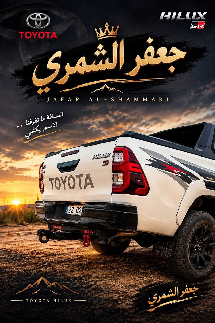السلام عليكم متوفر هوك للبيع
+964 782 905 8822👉

نص مكتوب في الصور:
- TOYOTA HILUX GR جعفر الشمري JAFAR AL-SHAMMARI المسافة ما تفرقنا .. الاسم يكفي TOYOTA HILUX 22 02 TOYOTA HILUX جعفر الشمري
- TOYOTA جعفر الشمري *********** ***********