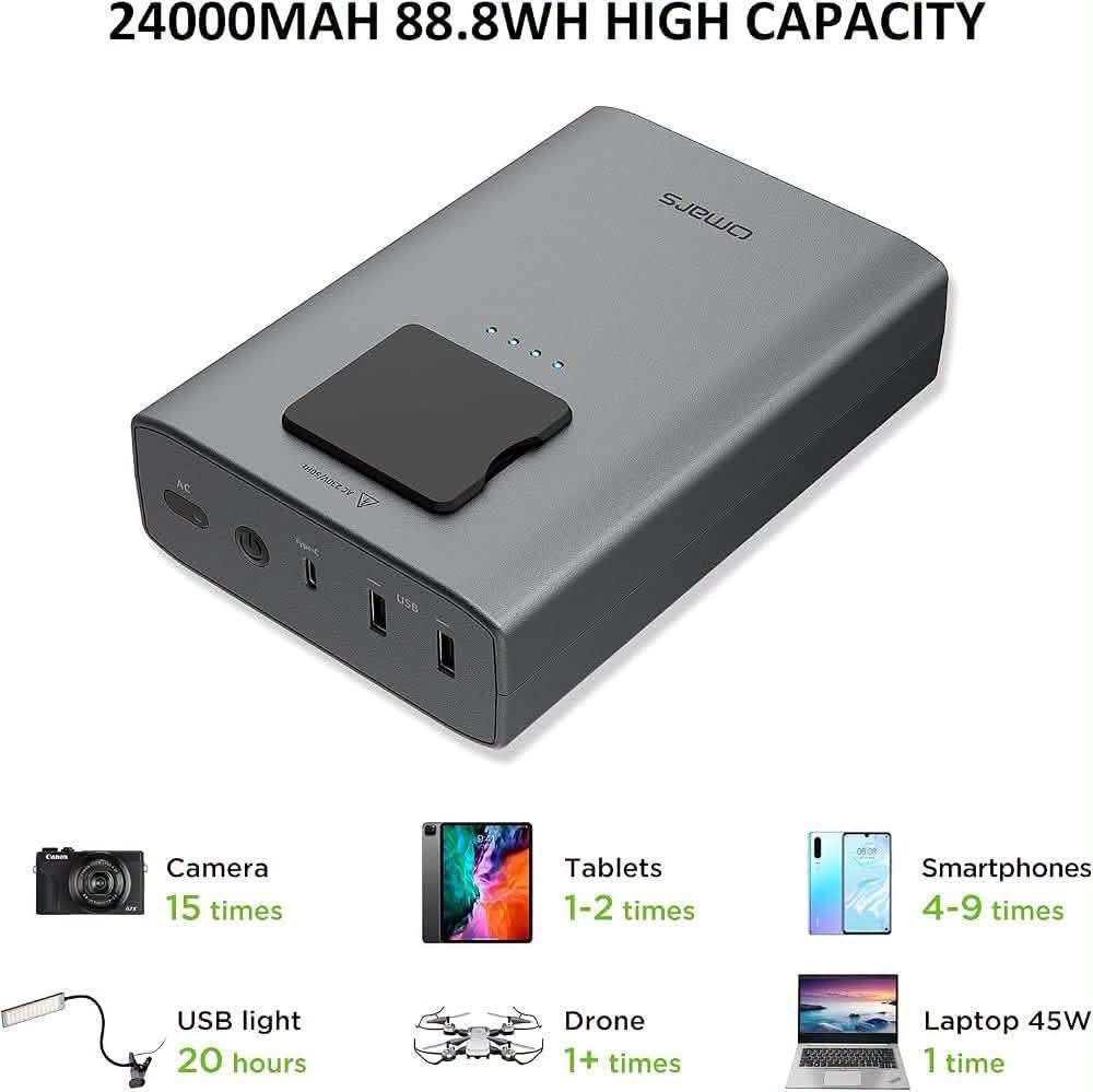 بور بنك ومخرج كهرباء الحجز خاص او واتساب ***********

نص مكتوب في الصور:
- 90W AC & 18W PD & USB A CHARGING Compatible with most AC based devices and USB devices, more than a power bank Do not charge device more than 90W with AC outlet
- VERSATILE POWER STATION LED Power Status Display AC Outlet 230V 50Hz 90W USB USB A Output 5V 4.2A 21W (2.4A Max Per Port) Type C Input/ Output Port PD 18W Power Button AC AC Output Button with LED Indicator Light
- 24000MAH 88.8WH HIGH CAPACITY
- Camera
- 15 times
- Tablets
- 1-2 times
- Smartphones
- 4-9 times
- USB light
- 20 hours
- Drone
- 1+ times
- Laptop 45W
- 1 time
- USB Trickle Charge Mode Small current output to charge devices lower than 100mA such as bluetooth headset box, smart watch. Long press the power button for 3 seconds to switch to the small current mode Other Devices Trickle output <100mA
- TAKE YOUR WHOLE OFFICE ON THE GO
- Charge 3 devices at the same time
- Charge iphone 12 up to 50%
- in 30 minutes
- AUTOMATIC SECURITY PROTECTION, NO HARM TO YOUR DEVICES Overcurrent Protection Short Circuit Protection Temperature Protection OverDischarge Protection