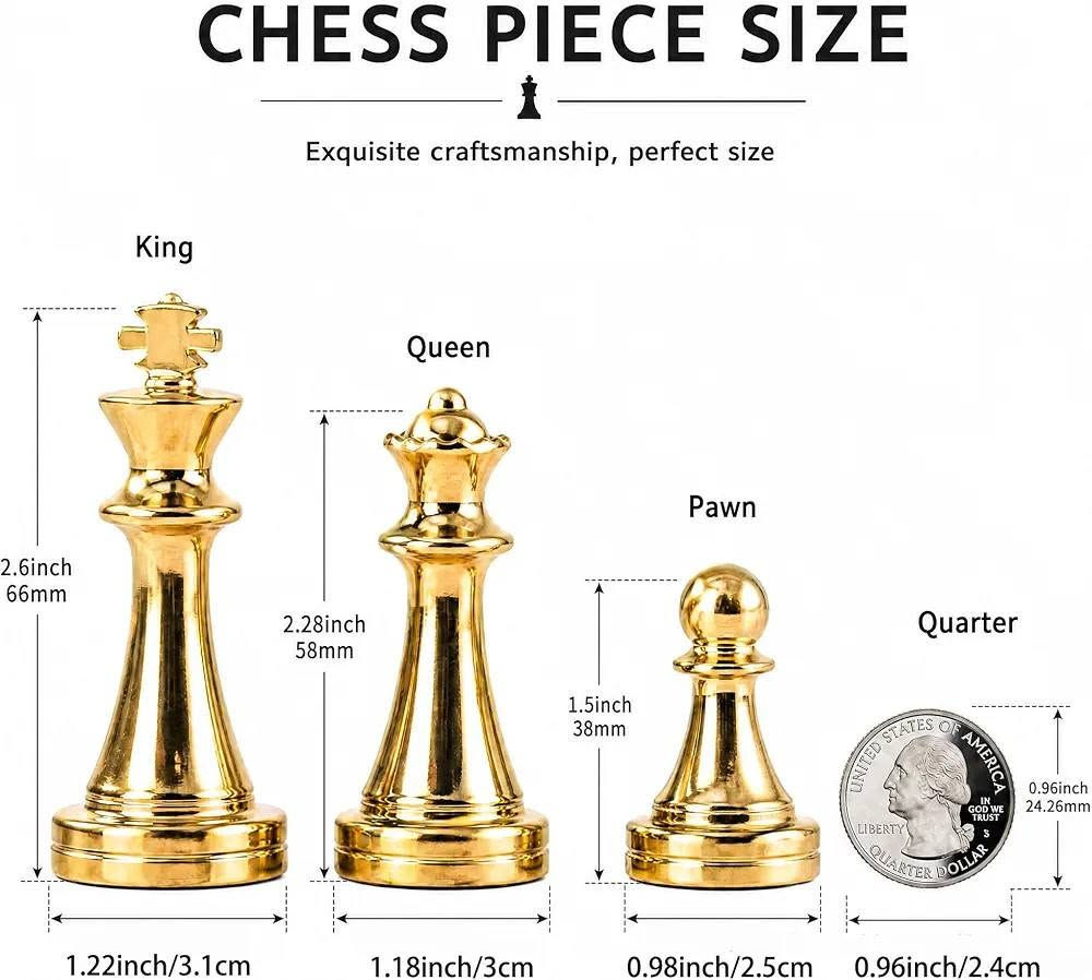 ٤٥ على أول تم

نص مكتوب في الصور:
- Foldable chessboard Embedded flocking
- CHESS PIECE SIZE Exquisite craftsmanship, perfect size King Queen Pawn Quarter UNITED STATES OF AMERICA IN GOD WE TRUST LIBERTY QUARTER DOLLAR 2.6inch 66mm 2.28inch 58mm 1.5inch 38mm 0.96inch 24.26mm 1.22inch/3.1cm 1.18inch/3cm 0.98inch/2.5cm 0.96inch/2.4cm
- 29cm/11.42in 14.5cm/5.7in 5.4cm/2.13in