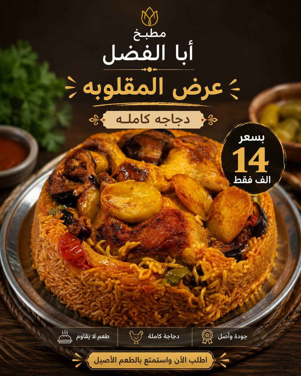كلشي متوفر بمطبخ ابا مطبخ أبا الفضل  
يوجد توصيل داخل نجف وكوفه الحجز واتساب ***********

نص مكتوب في الصور:
- مطبخ أبا الفضل عرض المقلوبه دجاجه كامله بسعر 14 الف فقط طعم لا يقاوم دجاجه كامله جودة وأصل اطلب الأن واستمتع بالطعم الأصيل
- مطبخ أبا الفضل مطبك السمك طعم لا يقاوم... وتتبيلة على أصولها عرض خاص 12 ألف فقط طازج يوميًا | تتبيلة مميزة | جودة ونظافة