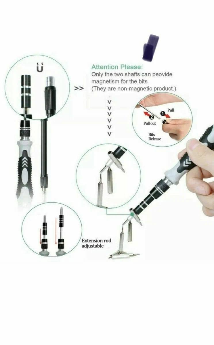 عدا تصليح ساعات اصلي  
اول تم 12 الف 
توصيل 5 الف 
واتساب ***********

نص مكتوب في الصور:
- BOOSTER ANTI SKID HANDLE
- Open the display
- Lift the display
- Open SIM Card slot
- Demagnetizing&
- Magnetizing screws
- / small parts
- Removal of small parts
- Separate the screen and
- back of the phone
- Attention Please:
- Only the two shafts can peovide magnetism for the bits
- (They are non-magnetic product.)
- Pull
- 1
- 2
- Pull out
- Bits
- Release
- Extension rod
- adjustable
- Product Presentation Extension Rods Multi-Directional Hose Connection rods Pry bar 1 Pry bar 2 Pry bar 3 Tweezers Screen Suckers, Needle Removers Non-slip handle