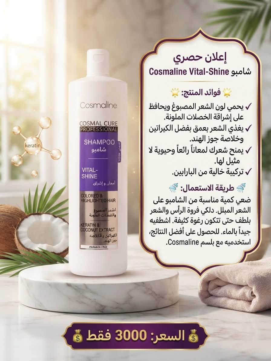 مرحبا
منتجات عنايه بالشعر كله اصليه درجه اولى بس باسعار اذا لكيت ارخص منه تعال انطيك بلاش للتواصل ويانه عاى الخاص او على الواتساب ***********

نص مكتوب في الصور:
- إعلان حصري صابونية كاكومن بيوتا ونبتة وود
- فوائد المنتج:
- - تغذي فروة الرأس وتعزز نمو الشعر.
- - توازن إفراز الدهون وتمنع قشرة الرأس.
- - تركيبة طبيعية من الأعشاب الصينية التقليدية.
- - تمنح شعرك لمعاناً وقوة طبيعية.
- طريقة الاستعمال:
- بلل شعرك بالماء الدافئ. دلك فروة الرأس والشعر بالصابونية حتى تتكون رغوة غنية. اترك الرغوة لبضع دقائق لامتصاص الفوائد، ثم اشطف جيداً بالماء.
- للحصول على أفضل النتائج، استخدمه بانتظام.
- السعر: 2000 فقط
- إعلان حصري سيروم الشعر DZ - DZ Hair Serum فوائد المنتج: يغذي فروة الرأس ويقوي بصيلات. يمنح الشعر لمعاناً وحيوية لا مثيل مثيل لهما. يحمي الشعر من التقصف والتلف الناتج عن الحرارة. تركيبة خفيفة الوزن وسريعة الامتصاص لجميع أنواع الشعر. طريقة الاستعمال: بعد غسل الشعر وتجفيفه بالمنشفة (أو على شعر جاف)، ضعي كمية صغيرة من السيروم في راحة راحة يديك، دلكي بلطف من منتصف الشعر حتى الأطراف. لا تشطفيه. صففي شعرك كالمعتاد. للحصول على أفضل النتائج، استخدميه يومياً. السعر: 2000 فقط
- إعلان حصري قناع فيتامين C KEMO COOL فوائد المنتج: تقوي الشعر ويحميه من التكسر والتقصف. يغذي فروة الرأس ويعزز نمو الشعر الصحي. يمنح الشعر لمعاناً وحيوية تركيبية غنية بمستخلصات طبيعية وفيتامين C. طريقة الاستعمال: بعد غسل الشعر بالشامبو، ضعي كمية مناسبة من القناع على الشعر المبلل من الجذور إلى الأطراف. دلكي فروة الرأس بلطف واتركيه لمدة 15-20 دقيقة. اشطفيه جيداً بالماء الفاتر. للحصول على أفضل النتائج، استخدميه بانتظام. السعر: 2500 فقط
- إعلان حصري قناع الشعر K.O.COOL بالكولاجين وخلاصة الماكا فوائد المنتج: يقوي الشعر ويحميه من التكسر والتقصف. يمنح الشعر لمعاناً وحيوية لا مثيل لهما. يغذي فروة الرأس ويعزز نمو الشعر الصحي. تركيبة غنية بالكولاجين الطبيعي طريقة الاستعمال: بعد غسل الشعر بالشامبو، ضعي كمية مناسبة من القناع على الشعر المبلل من الجذور إلى الأطراف. دلكي فروة الرأس بلطف واتركيه لمدة 15-20 دقيقة. اشطفيه جيداً بالماء الفاتر. للحصول على أفضل النتائج، استخدميه بانتظام. السعر: 2500 فقط
- إعلان حصري قناع الشعر Kemo Cool Hair إكليل الجبل والنعناع فوائد المنتج: يمنع تساقط الشعر ويعزز نموه. يغذي الشعر بعمق ويحميه من التقصف. ينشط فروة الرأس ويمنح شعرك لمعاناً وصحة. تركيبة طبيعية منعشة. طريقة الاستعمال: بعد غسل الشعر بالشامبو، ضعي كمية مناسبة من القناع على الشعر المبلل من الجذور إلى الأطراف. دلكي فروة الرأس بلطف واتركيه لمدة 10-15 دقيقة. اشطفيه جيداً بالماء الفاتر. السعر: 2500 فقط
- إعلان حصري Cosmaline Nutri-Strength فوائد المنتج: يقوي ويغذي الشعر بعمق بفضل زيت الأرغان وخلاصة الجوجوبا. يعالج الشعر الجاف والتالف ويحميه من التقصف. يمنح شعرك نعومة ولمعاناً لا مثيل لهما. تركيبة خالية من البارابين. طريقة الاستعمال: ضعي كمية مناسبة من الشامبو على الشعر المبلل. دلكي فروة الرأس والشعر بلطف حتى تتكون رغوة. اشطفه. اشطفيه جيداً بالماء. للحصول على أفضل النتائج، استخدميه بانتظام مع Cosmaline Nutri-Strength. السعر: 3000 فقط
- إعلان حصري
- بلسم Kemo Cool الغني بزيت الأرغان لتقوية وتجديد الشعر.
- يمنع تكسر الشعر وتلفه.
- يغذي الشعر بعمق ويمنحه لمعاناً.
- تركيبة خالية من الكبريتات والبارابين.
- مناسب للشعر العادي إلى الجاف.
- بعد غسل الشعر بالشامبو، ضعي كمية مناسبة على أطراف الشعر الرطب. اتركيه لمدة 2-3 دقائق ثم اشطفيه جيداً. للحصول على أفضل النتائج، استخدميه مع شامبو التايو .Kemo Cool Argan Oil
- السعر: 3000 فقط
- شحن مجاني داخل المدينة
- إعلان حصري بلسم Kemo Cool الرائع الرائع لتقوية وتطويل الشعر فوائد المنتج: يمنع التساقط ويشجع النمو. يغذي الشعر بعمق ويرطبه. يعزز القوة والكثافة. تركيبة طبيعية بفيتامينات أساسية. طريقة الاستعمال: بعد غسل الشعر بالشامبو، ضعي كمية مناسبة على أطراف الشعر الرطب. تركيه لمدة 3 دقائق ثم اشطفيه جيداً بالماء. السعر: 3000 فقط شحن مجاني داخل المدينة
- إعلان حصري شامبو Cosmaline Vital-Shine فوائد المنتج: يحمي لون الشعر المصبوغ ويحافظ على إشراقة الخصلات الملونة. يغذي الشعر بعمق بفضل الكيراتين وخلاصة جوز الهند. يمنح شعرك لمعاناً رائعاً وحيوية لا مثيل لها. تركيبة خالية من البارابين. طريقة الاستعمال: ضعي كمية مناسبة من الشامبو على الشعر المبلل. دلكي فروة الرأس والشعر بلطف حتى تتكون رغوة كثيفة. اشطفيه جيداً بالماء. للحصول على أفضل النتائج، استخدميه مع بلسم Cosmaline. السعر: 3000 فقط