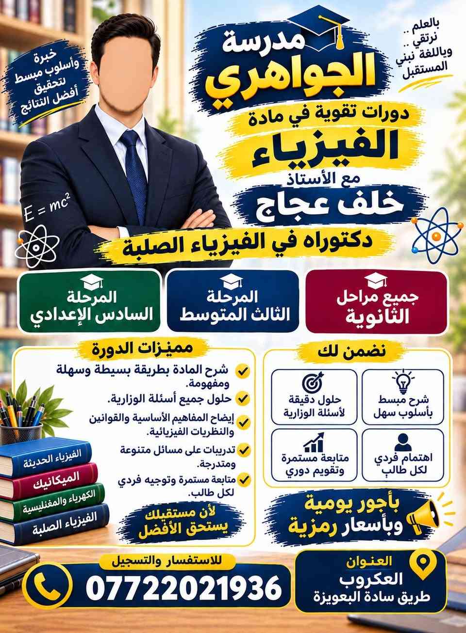 تعلن مدرسة الجواهري عن افتتاح دورات التقوية 
 للمواد الدراسية وب بارقى الكوادر التربوية الحاصلة على شهادة الدكتوراة والماجستير بمختلف الاختصاصات و بأجور رمزية ف سارعو بالحجز

نص مكتوب في الصور:
- مدرسة الجواهري دورات تقوية بمادة الأحياء الأستاذة نعم دريد نجم حاصلة على ماجستير في الأحياء المجهرية شرح مبسط وواضح مراجعة شاملة للمنهج حل أسئلة وزارية *********** *********** للاستفسار والتسجيل تواصلوا معنا معا نحو مستقبل أفضل لأبنائنا الأحياء
- بالعلم.. نرتقي.. وباللغة نبني المستقبل مدرسة الجواهري دورات تقوية في مادة الفيزياء مع الأستاذ خلف عجاج دكتوراه في الفيزياء الصلبة E = mc² خبرة وأسلوب مبسط لتحقيق أفضل النتائج المرحلة الثالث المتوسط المرحلة السادس الإعدادي جميع مراحل الثانوية مميزات الدورة شرح المادة بطريقة بسيطة وسهلة ومفهومة. حلول جميع أسئلة الوزارية. إيضاح المفاهيم الأساسية والقوانين والنظريات الفيزيائية. تدريبات على مسائل متنوعة ومتدرجة. متابعة مستمرة وتوجيه فردي لكل طالب. لأن مستقبلك يستحق الأفضل نضمن لك شرح مبسط بأسلوب سهل اهتمام فردي لكل طالب حلول دقيقة لأسئلة الوزارية متابعة مستمرة وتقويم دوري بأجور يومية وبأسعار رمزية للاستفسار والتسجيل *********** العنوان العكروب طريق سادة البعويزة
- مدرسة الجواهري بالعلم .. نرتقي .. وباباللغة نيني المستقبل دورات تقووية في مادة حاصل على درجة الماجستير في الللعروبية اللغة العربية مع الأستاذ عبدالرحمن محمدشيت رشيد شرح مبسط وواضح .. مع حلول أسئلة الوزارية المرحلة السادس الإعدادي المرحلة الثالث المتوسط جميع مراحل الثانوية مميزات الدورة نشرح المادة بطريقة بسيطة وسهلة ومفهومة. حلول جميع أسئلة الوزارية (السنوات السابقة). تدريب على القواعد اللغوية والإملاء والتعبير. متابعة مستمرة وتوجيه فردي لكل طالب. لأن مستقبلـك يستحق الأفضل اللغة العربية القواعد الأدب نضمن لك شرح مبسط بأسلوب سهل اهتمام فردي لكل طالب حلول دقيقة لأستلة الوزارية متابعة مستمرة وتقويم دوري بأجور يومية وبأسعار رمزية العنوان العكروب طريق سادة البعويزة للاستفسار والتسجيل *********** | *********** خبرة وأسلوب مبسط لتحقيق أفضل النتائج