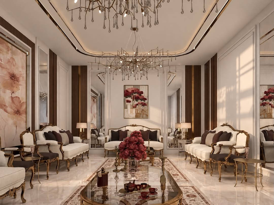 تصميم نيوكلاسيك لاستقبال ضيوف، يجمع بين الفخامة والدفء ضمن أجواء متوازنة وأنيقة.🤍✨
اعتمد التصميم على الخشب الطبيعي، المرايا، التفاصيل الذهبية، والأقمشة بدرجات البيج والبني الدافئ، مع لمسات ناعمة من الثريات والأعمال الفنية.

تصميم المهندسة المعمارية ماريا عماد عزيز
مكتب العمران الهندسي

A refined Neo-Classical guest reception, designed with a balance of timeless elegance, warmth, and comfort.

Designed by Arch. Maria Imad Azeez
Al-Omran Engineering Office

نص مكتوب في الصور:
- MOOD BOARD NEW CLASSIC LIVING ROOM A timeless blend of classic elegance and modern refinement, featuring luxurious textures, warm neutrals, and sophisticated details for a graceful and inviting living space. CLASSIC DETAILS LUXURIOUS ACCENTS ELEGANT LIGHTING
- POLISHED MARBLE FLOOR
- RICH WALNUT PANELING
- GILDED BRASS TRIM
- CREAM SOFA FABRIC
- BURGUNDY ACCENT VELVET
- TRADITIONAL RUG TEXTURE
- LIVING ROOM DESIGN PROPOSAL TIMELESS ELEGANCE IN EVERY DETAIL FITMENT SELECTION 3-SEATER SOFA Material: Solid wood + fabric Finish: Antique gold leaf Approx. size: 240 x 100 x 95 cm Style: Classic / Neoclassical ARMCHAIR Material: Solid wood + fabric Finish: Antique gold leaf Approx. size: 75 x 80 x 100 cm Style: Classic / Neoclassical COFFEE TABLE Material: Marble + metal Finish: Gold plating Approx. size: 175 x 90 x 45 cm Style: Classic / Elegant CHANDELIER Material: Brass + crystal Finish: Antique gold Approx. size: Ø 120 x 70 cm Style: Classic / Luxurious SIDE TABLE Material: Metal + marble Finish: Gold plating Approx. size: Ø 60 x 70 cm Style: Classic / Elegant AREA RUG Material: Wool / Silk blend Finish: Hand-knotted look Approx. size: 300 x 200 cm Style: Persian / Traditional DRAWINGS Wall paneling with gold detail Mirrors Crystal chandelier with antique gold finish Floral artwork (as focal point) Classic seating with gold carved frame Persian area rug Oval coffee table (marble + gold metal) Marble flooring (white / cream) Ambient lighting (ceiling + hidden LED) MATERIAL SELECTION Walnut Wood (wall panels) Cream Upholstery (sofas & chairs) Marble / Porcelain Flooring (white / cream) Antique Gold Metal (frames & details) Mirror (vertical panels) Floral Artwork (wall art) Rug Textile (Persian pattern) ELEGANT SPACES FOR A BETTER LIFESTYLE CLASSIC NEOCLASSICAL LUXURY Furniture Selection 3-Seater Sofa Material: Solid wood + fabric Finish: Antique gold leaf Approx. size: 240 x 100 x 95 cm Style: Classic / Neoclassical Armchair Material: Solid wood + fabric Finish: Antique gold leaf Approx. size: 75 x 80 x 100 cm Style: Classic / Neoclassical Coffee Table Material: Marble + metal Finish: Gold plating Approx. size: 175 x 90 x 45 cm Style: Classic / Elegant Chandelier Material: Brass + crystal Finish: Antique gold Approx. size: Ø 120 x 70 cm Style: Classic / Luxurious Side Table Material: Metal + marble Finish: Gold plating Approx. size: Ø 60 x 70 cm Style: Classic / Elegant Area Rug Material: Wool / Silk blend Finish: Hand-knotted look Approx. size: 300 x 200 cm Style: Persian / Traditional Drawings Wall paneling with gold detail Mirrors Crystal chandelier with antique gold finish Floral artwork (as focal point) Classic seating with gold carved frame Persian area rug Oval coffee table (marble + gold metal) Marble flooring (white / cream) Ambient lighting (ceiling + hidden LED) Material Selection Walnut Wood (wall panels) Cream Upholstery (sofas & chairs) Marble / Porcelain Flooring (white / cream) Antique Gold Metal (frames & details) Mirror (vertical panels) Floral Artwork (wall art) Rug Textile (Persian pattern) Classic details create timeless spaces.