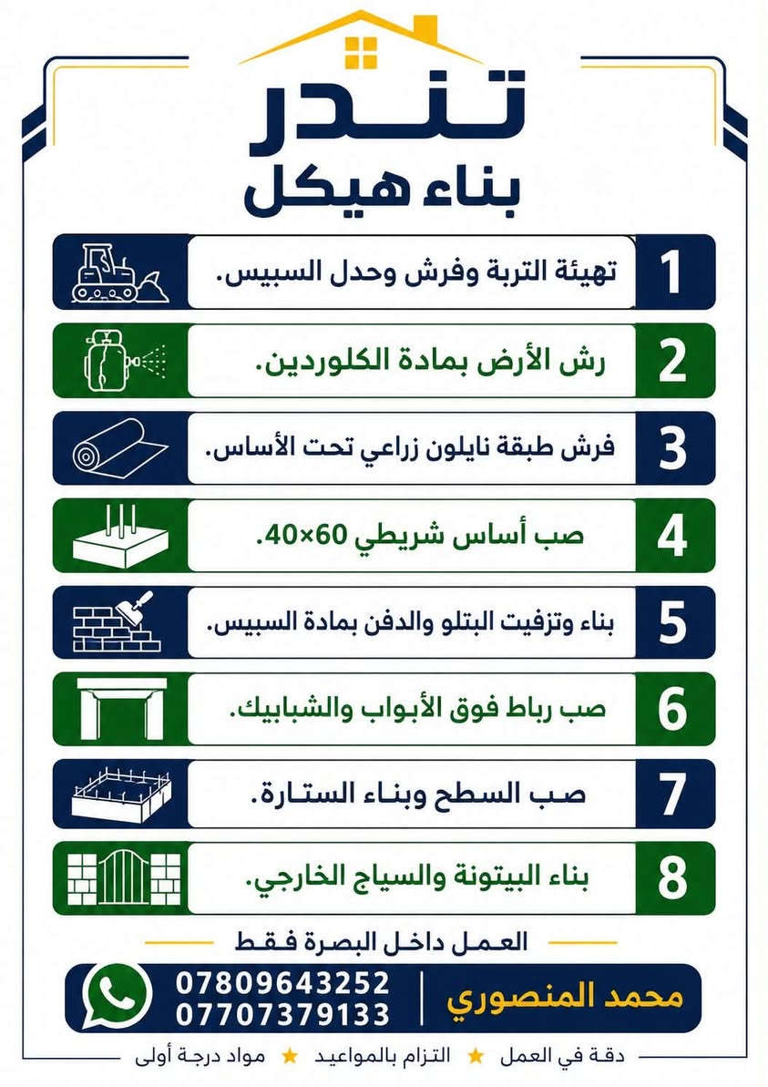 250 الف قسط شهري ⏳
ومقدم 50‎%‎🔴 تدفع خلال مراحل البناء🧱
 بناء هيكل فقط بمواصفات درجة أولى💯 وبسعر الحاضر الطابوق 220 الف للمتر
البلوك 180 الف  
محمد المنصوري 
واتساب ***********
***********
