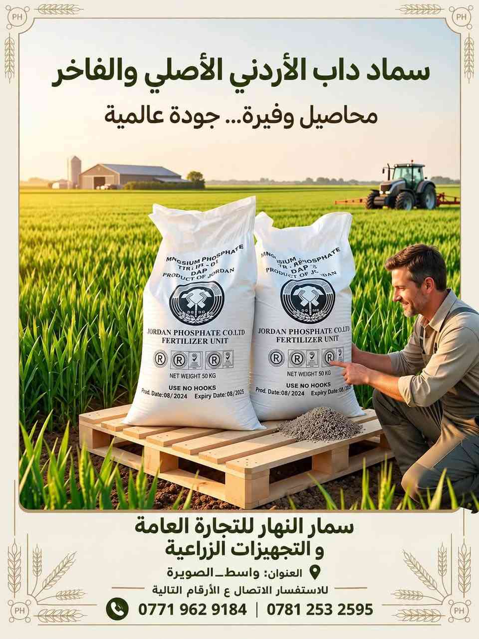 السلام عليكم
تم وصول الداب الأردني الزيتي (أبو الكف) الأصلي 
العنوان : محافظة واسط _ قضاء الصويرة 
للأستفسار الأتصال على الارقام 
*********** 
***********

نص مكتوب في الصور:
- غني بالفوسفور والنيتروجين يعزز نمو النباتات يحسن خصوبة التربة مناسب الجميع المحاصيل الزراعية سمار النهار للتجارة العامة و التجهيزات الزراعية واسط_الصويرة للاستفسار الاتصال ع الأرقام التالية *********** | ***********
- سماد داب الأردني الأصلي والفاخر
- محاصيل وفيرة... جودة عالمية
- سمار النهار للتجارة العامة
- و التجهيزات الزراعية
- العنوان: واسط_الصويرة
- للاستفسار الاتصال ع الأرقام التالية
- *********** | ***********
- غني بالفوسفور والنيتروجين يعزز نمو النباتات يحسن خصوبة التربة مناسب لجميع المحاصيل الزراعية سمار النهار للتجارة العامة و التجهيزات الزراعية واسط_الصويرة للاستفسار الاتصال ع الارقام التالية *********** | ***********
- واسط_الصويرة
- شركة سمار النهار للتجارة العامة
- والتجهيزات الزراعية
- ***********
- ***********