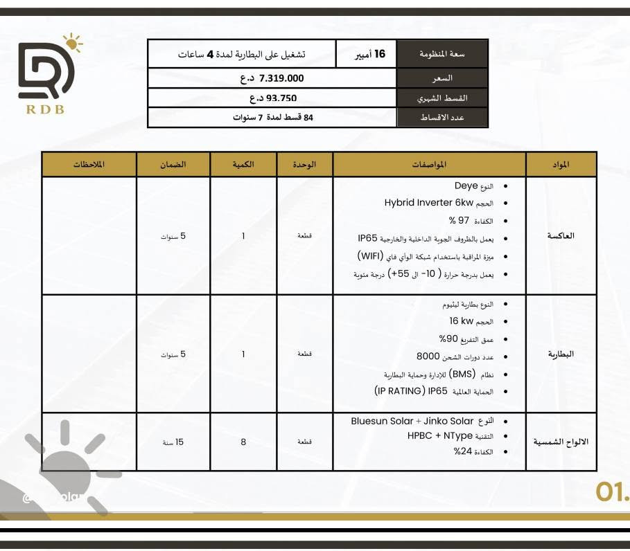 #الطاقة_الشمسية
#اقساط 
🔥حلم الطاقة الشمسية صار أسهل 🔥
مكتب الحويش 
 أمتلك منظومة الطاقة الشمسية اليوم 
وسدد بأقساط مريحة تصل الى 7 سنوات 
ضمن مبادرة البنك المركزي

 الواح شمسية عالية الكفاءة
 انفيرترات حديثة
 بطاريات لتخزين الطاقة
 تنصيب احترافي كامل
 ضمان حقيقي وخدمة ما بعد البيع
 امتلك منظومتك اليوم… وادفع على راحتك 
☀️ طاقة اقوى … وراحة اكثر 
مكتب الحويش للطاقة الشمسية وكامرات المراقبة 
نعمل في جميع محافظات العراق 
ديالى /الحويش -مجاور صيدلية حسن 
*********** م.علي

نص مكتوب في الصور:
- RDB
- سعة المنظومة 12 أمبير
- تشغيل على البطارية لمدة 4 ساعات
- السعر 6.470.000 د.ع
- القسط الشهري 82.750 د.ع
- عدد الاقساط 84 قسط لمدة 7 سنوات
- المواد المواصفات الوحدة الكمية الضمان الملاحظات
- العاكسة
- النوع Deye
- الحجم Hybrid Inverter 6kw
- الكفاءة 97 %
- يعمل بالظروف الجوية الداخلية والخارجية IP65
- ميزة المراقبة باستخدام شبكة الواي فاي (WIFI)
- يعمل بدرجة حرارة ( 10- الى +55) درجة مئوية
- قطعة
- 1
- 5 سنوات
- البطارية
- النوع بطارية ليثيوم RDB + TOPAK
- الحجم 14.3 kW
- عمق التفريغ 90%
- عدد دورات الشحن 8000
- نظام (BMS) للإدارة وحماية البطارية
- الحماية العالمية IP65 (IP RATING)
- الالواح الشمسية
- النوع Bluesun Solar + Jinko Solar
- التقنية HPBC + NType
- الكفاءة 24%
- 6
- 15 سنة
- 16 أمبير
- سعة المنظومة
- 7.319.000 د.ع
- السعر
- 93.750 د.ع
- القسط الشهري
- 84 قسط لمدة 7 سنوات
- عدد الاقساط
- الملاحظات
- الضمان
- الكمية
- الوحدة
- المواصفات
- المواد
- يعمل بدرجة حرارة ( 10- الى 55+) درجة مئوية
- النوع بطارية ليثيوم
- الحجم 16 kw
- 8
- 01.
- R D B تشغيل على البطارية لمدة 4 ساعات 20 أمبير سعة المنظومة السعر 9.581.000 د.ع القسط الشهري 122.500 د.ع عدد الاقساط 84 قسط لمدة 7 سنوات المواد المواصفات الوحدة الكمية الضمان الملاحظات العاكسة النوع Deye الحجم Hybrid Inverter 8kw الكفاءة 97% يعمل بالظروف الجوية الداخلية والخارجية IP65 ميزة المراقبة باستخدام شبكة الواي فاي (WIFI) يعمل بدرجة حرارة (-10- الى 55+) درجة مئوية قطعة 1 5 سنوات البطارية النوع بطارية ليثيوم TOPAK + RDB الحجم 10kw عمق التفريغ 90% عدد دورات الشحن 8000 نظام (BMS) للإدارة وحماية البطارية الحماية العالمية IP65 (IP RATING) قطعة 2 5 سنوات الالواح الشمسية النوع Jinko Solar + Bluesun Solar التقنية NType + HPBC الكفاءة 24% قطعة 10 15 سنة
- RDB سعة المنظومة 30 أمبير تشغيل على البطارية لمدة 4 ساعات السعر 13.400.000 د.ع القسط الشهري 171.250 د.ع عدد الاقساط 84 قسط لمدة 7 سنوات المواد المواصفات الوحدة الكمية الضمان الملاحظات العاكسة النوع Deye الحجم Hybrid Inverter 10kw الكفاءة 97 % يعمل بالظروف الجوية الداخلية والخارجية IP65 ميزة المراقبة باستخدام شبكة الواي فاي (WIFI) يعمل بدرجة حرارة ( 10- الى 55+) درجة مئوية قطعة 1 5 سنوات البطارية النوع بطارية ليثيوم الحجم 16 kw عمق التفريغ 90% عدد دورات الشحن 8000 نظام (BMS) للإدارة وحماية البطارية الحماية العالمية IP65 (IP RATING) قطعة 2 5 سنوات الالواح الشمسية النوع Bluesun Solar + Jinko Solar التقنية HPBC + NType الكفاءة 24% قطعة 16 15 سنة 01.
- RDB سعة المنظومة 40 أمبير تشغيل على البطارية لمدة 4 ساعات السعر 17.316.000 د.ع القسط الشهري 221.250 د.ع عدد الاقساط 84 قسط لمدة 7 سنوات المواد المواصفات الوحدة الكمية الضمان الملاحظات العاكسة النوع Deye الحجم Hybrid Inverter 12kw الكفاءة 97% يعمل بالظروف الجوية الداخلية والخارجية IP65 ميزة المراقبة باستخدام شبكة الواي فاي (WIFI) يعمل بدرجة حرارة (10- الى 55+) درجة مئوية قطعة 1 5 سنوات البطارية النوع بطارية ليثيوم RDB + TOPAK الحجم 14.3 kW عمق التفريغ 90% عدد دورات الشحن 8000 نظام (BMS) للإدارة وحماية البطارية الحماية العالمية (IP RATING) IP65 قطعة 3 5 سنوات الالواح الشمسية النوع Bluesun Solar + Jinko Solar التقنية HPPC + NType الكفاءة 24% قطعة 20 15 سنة 01.
- RDB سعة المنظومة 50 أمبير تشغيل على البطارية لمدة 4 ساعات السعر 21.659.000 د.ع القسط الشهري 276.750 د.ع عدد الاقساط 84 قسط لمدة 7 سنوات المواد المواصفات الوحدة الكمية الضمان الملاحظات العاكسة النوع Deye الحجم Hybrid Inverter 16kw الكفاءة 97 % يعمل بالظروف الجوية الداخلية والخارجية IP65 ميزة المراقبة باستخدام شبكة الواي فاي (WIFI) يعمل بدرجة حرارة ( 10- الى 55+ ) درجة موية قطعة 1 5 سنوات البطارية النوع بطارية ليثيوم RDB + TOPAK الحجم 14.3 kW عمق التفريغ 90% عدد دورات الشحن 8000 نظام (BMS) للإدارة وحماية البطارية الحماية العالمية (IP RATING) IP65 قطعة 4 5 سنوات الالواح الشمسية النوع Bluesun Solar + Jinko Solar التقنية HPBC + NType الكفاءة 24% قطعة 24 15 سنة
- R D B تشغيل على البطارية لمدة 4 ساعات 60 أمبير سعة المنظومة 27.610.000 د.ع السعر 353.000 د.ع القسط الشهري 84 قسط لمدة 7 سنوات عدد الاقساط الملاحظات الضمان الكمية الوحدة المواصفات المواد العاكسة النوع Deye الحجم Hybrid Inverter 10kw الكفاءة 97 % يعمل بالظروف الجوية الداخلية والخارجية IP65 ميزة المراقبة باستخدام شبكة الواي فاي (WIFI) يعمل بدرجة حرارة (10- الى 55+) درجة مئوية قطعة 2 5 سنوات البطارية النوع بطارية ليثيوم RDB + TOPAK الحجم 14.3 kw عمق التفريغ 90% عدد دورات الشحن 8000 نظام (BMS) للإدارة وحماية البطارية الحماية العالمية IP65 (IP RATING) قطعة 5 5 سنوات الالواح الشمسية النوع Bluesun Solar + Jinko Solar التقنية HPBC + NType الكفاءة 24% قطعة 32 15 سنة 01.
- RDB سعة المنظومة 70 أمبير تشغيل على البطارية لمدة 4 ساعات السعر 29.949.000 د.ع القسط الشهري 382.750 د.ع عدد الاقساط 84 قسط لمدة 7 سنوات المواد المواصفات الوحدة الكمية الضمان الملاحظات العاكسة النوع Deye الحجم Hybrid Inverter 10kw الكفاءة 97% يعمل بالظروف الجوية الداخلية والخارجية IP65 ميزة المراقبة باستخدام شبكة الواي فاي (WIFI) يعمل بدرجة حرارة (10- الى 55+) درجة موية قطعة 2 5 سنوات البطارية النوع بطارية لثيوم الحجم 16kw عمق التفريغ 90% عدد دورات الشحن 8000 نظام (BMS) للإدارة وحماية البطارية الحماية العالمية (IP RATING) IP65 قطعة 5 5 سنوات الالواح الشمسية النوع Bluesun Solar + Jinko Solar التقنية HPBC + NType الكفاءة 24% قطعة 36 15 سنة 01.
- إجراءات التقديم على منظومة الطاقة الشمسية
- 1. يقوم الزبون بالحضور الى مقر الشركة واختيارة المنظومة المناسبة
- 2. توقيع عقد بين الشركة والزبون
- 3. فاتورة عرض سعر
- 4. التوجة الى المصرف وفتح حساب وايداع مبلغ ٣٥٠,٠٠٠ مع كافة المستمسكات
- 5. سحب استمارة من المصرف ويتوجة الزبون الى دائرة والاستحصال كتاب استمرارية الخدمة مع الباركود
- 6. البصمة القانونية في المصرف من بعدها تقوم الشركة باكمال باقي الاجراءات
- 03.