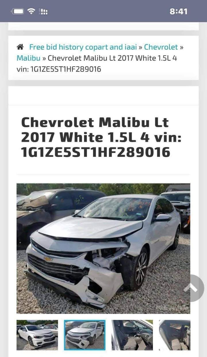 ماليبو 2017حادثها بسيط داعاميه من امريكا وباب صبغ بالعراق السعر 85وبيها مجال مكاني كركوك سلمانيه حاليا تريد تحويل حاضر مراوس يكون احسن رقم اربيل ***********

نص مكتوب في الصور:
- 8:41 Free bid history copart and iaai » Chevrolet » Malibu » Chevrolet Malibu Lt 2017 White 1.5L 4 vin: 1G1ZE5ST1HF289016 Chevrolet Malibu Lt 2017 White 1.5L 4 vin: 1G1ZE5ST1HF289016
- Free bid history copart and iaai » Chevrolet » Malibu » Chevrolet Malibu Lt 2017 White 1.5L 4 vin: 1G1ZE5ST1HF289016 Chevrolet Malibu Lt 2017 White 1.5L 4 vin: 1G1ZE5ST1HF289016 Final bid: $5600 Auction: Copart SOLD Lot number: 51372128 Date of sale: 12.02.2019 en.bidfax.info