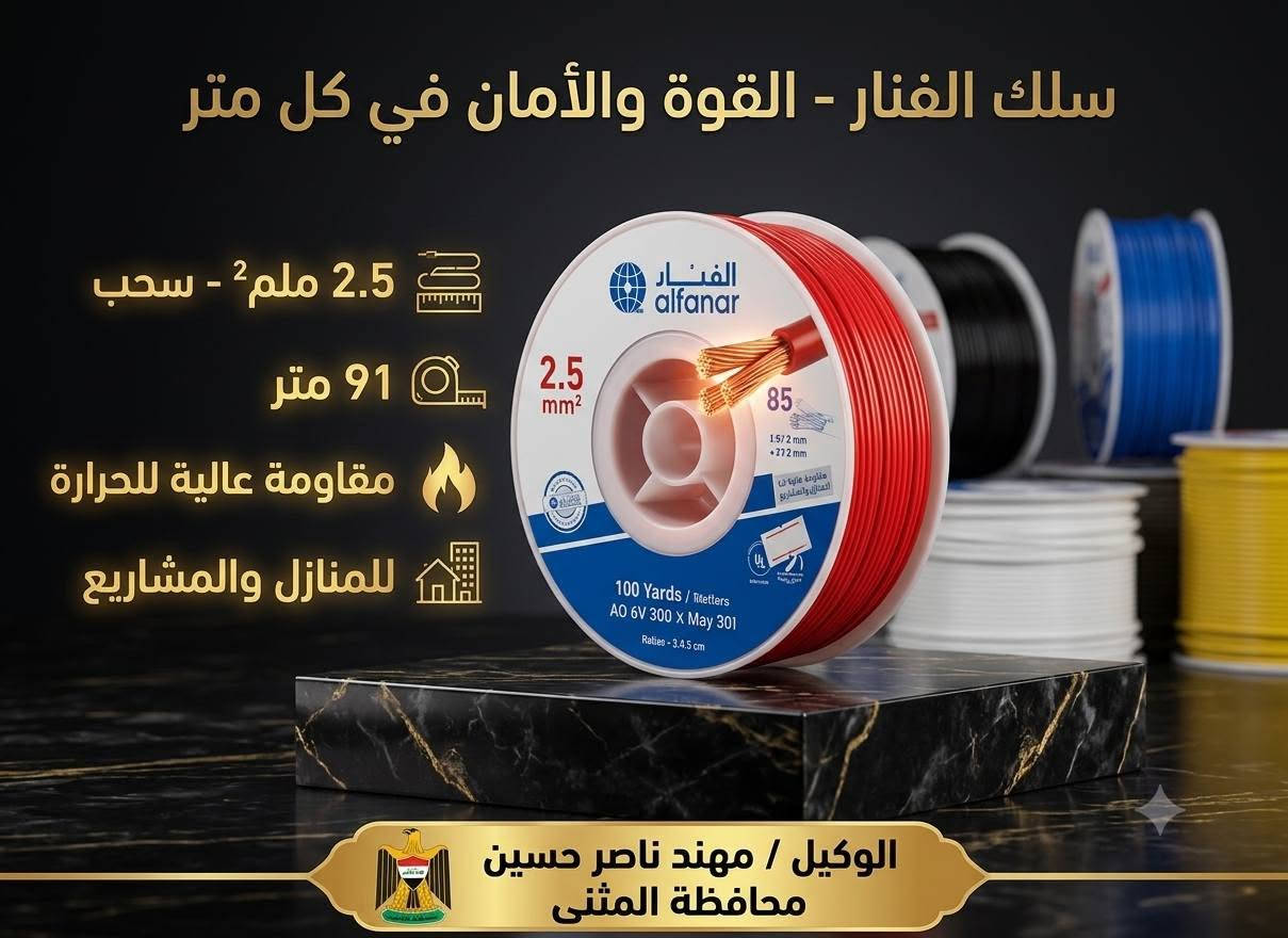 💡 لا تساوم على أمان بيتك ومشاريعك... اختر "الفنار" الأصلي! 💡
​لأن الكهرباء عصب الحياة، وأمان عائلتك ومشروعك هو الأهم، نوفر لكم الآن أسلاك سحب الفنار الأصلية التي تجمع بين القوة، الأمان، والتحمل العالي لأقسى الظروف! ⚡🏗️
​✨ مميزات أسلاك الفنار التي نقدمها لكم:
🔹 القياسات المتوفرة: 1.5 ملم | 2.5 ملم | 4 ملم (لتلبية كافة احتياجات التأسيسات الكهربائية).
🔹 الطول الفعلي والمضمون: البكرة تأتي بطول 91 متر (100 ياردة) كاملة لتغطية مساحات أكبر وتوفير حقيقي.
🔹 أمان وتحمل مطلق: جودة نحاس عالية وعزل قوي يتحمل درجات الحرارة العالية والضغط المستمر.
🔹 الأداء المعتمد: الخيار الأول للمهندسين والكهربائيين في المنازل والمشاريع الكبرى.
​👑 متوفرة الآن وبكميات الجملة والمفرد وبضمان الوكيل المعتمد في محافظة المثنى:
👤 مهند ناصر حسين
​📍 العنوان:
السماوة - شارع الفنادق - مجاور مدرسة سومر الابتدائية.
​📞 للتواصل والطلب:
***********
​⏰ أوقات العمل:
نسعد باستقبالكم وتلبية طلباتكم يومياً من الساعة 8:00 صباحاً وحتى الساعة 10:00 ليلاً.
​👇 لا تترددوا بالاتصال بنا أو زيارتنا للحصول على الجودة التي تستحقونها!
​#الفنار #أسلاك_الفنار #كهرباء #تأسيسات_كهربائية #أمان #جودة #مشاريع #المثنى #السماوة #مهند_ناصر_حسين #أسلاك_سحب #مقاولات_العراق

