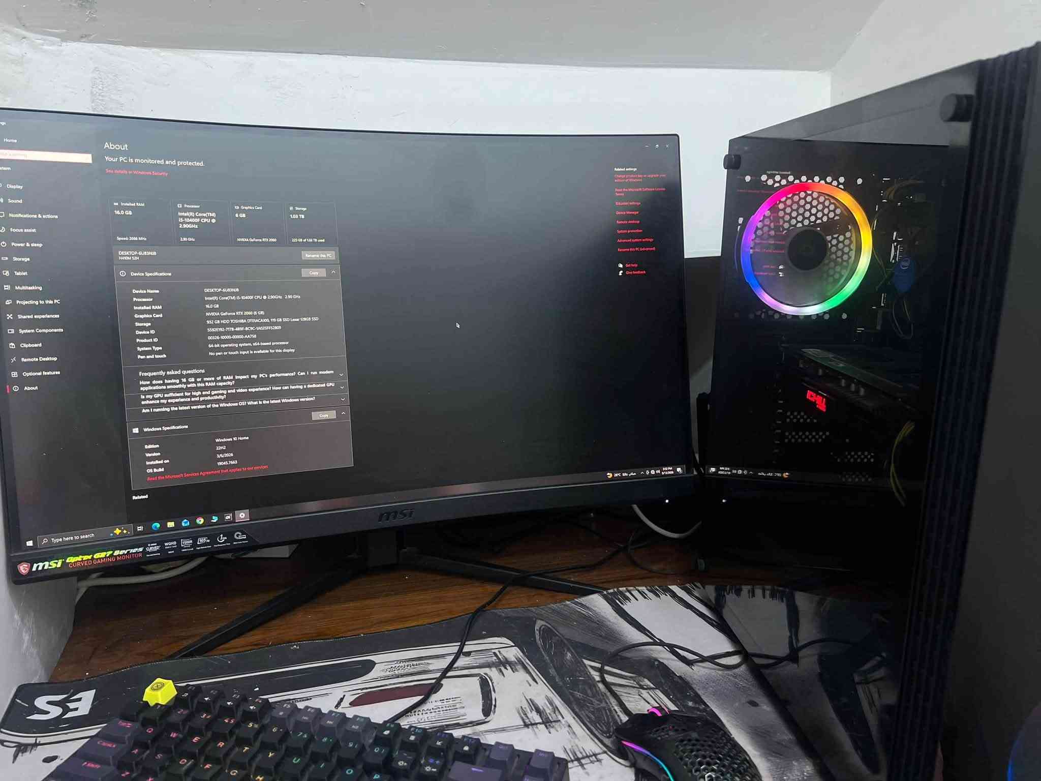 السلام عليكم حبايب
عندي PC مواصفاته ممثل ما موضحة بالصور، نظيف جداً ومابيها اي شي مصلح عالضمان
رايدها مراوس وية بلي ٥ سلم
فقط مراوس 
مكاني كربلاء
التواصل واتساب على هذا الرقم

***********

نص مكتوب في الصور:
- CPU: Core i5 10400F
- GPU: RTX 2060 6GB
- M.B : H410
- Ram: 16GB
- CPU Cooler stock cooler
- SSD: 128GB
- HDD: 1TB
- P.S : 650W Thermaltek
- Case: Xigamtek poseidon RGB
- #Game Kzit (Mouse ,Keyboard,)
- Your PC is monitored and protected.
- See details in Windows Security
- Installed RAM
- 16.0 GB
- Speed: 2666 MHz
- Processor
- Intel(R) Core(TM)
- i5-10400F CPU @
- 2.90GHz
- 2.90 GHz
- Graphics Card
- 6 GB
- NVIDIA GeForce RTX 2060
- Storage
- 1.03 TB
- 223 GB of 1.03 TB used
- DESKTOP-6U83NJ8
- H410M S2H
- Rename this PC
- Device Specifications
- Copy
- Device Name
- Intel(R) Core(TM) i5-10400F CPU @ 2.90GHz 2.90 GHz
- NVIDIA GeForce RTX 2060 (6 GB)
- 932 GB HDD TOSHIBA DT01ACA100, 119 GB SSD Lexar 128GB SSD
- Device ID
- 5592E192-7178-4B9F-BC9C-1A025FF52809
- Product ID
- 00326-10000-00000-AA758
- System Type
- 64-bit operating system, x64-based processor
- Pen and touch
- No pen or touch input is available for this display
- Frequently asked questions
- How does having 16 GB or more of RAM impact my PC's performance? Can I run modern
- applications smoothly with this RAM capacity?
- Is my GPU sufficient for high end gaming and video experience? How can having a dedicated GPU
- enhance my experience and productivity?
- Am I running the latest version of the Windows OS? What is the latest Windows version?
- Windows Specifications
- Edition
- Windows 10 Home
- Version
- 22H2
- Installed on
- 3/6/2026
- OS Build
- 19045.7663
- Read the Microsoft Services Agreement that applies to our services
- Related