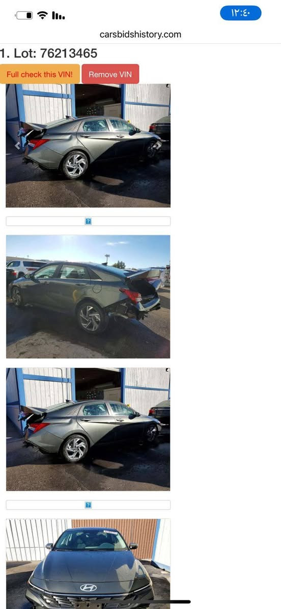 سلام عليكم النترا ورد امريكي
حادثه بصور وعدي سونار بيه رقم اربيل دخول جديد سياره 
فول موصفات 
سعر ١٤٠ وبيه مجال 
مكاني بغداد لامين 
***********

نص مكتوب في الصور:
- 1XPVDP9X8CD176390 Enter VIN & Get Report EpicVIN Open > Used car evaluations KMHLS4D
- ١٢:٤٠
- carsbidshistory.com
- 1. Lot: 76213465
- Full check this VIN!
- Remove VIN
- 1XPVDP9X8CD176390 Enter VIN & Get Report EpicVIN Open Used car evaluations