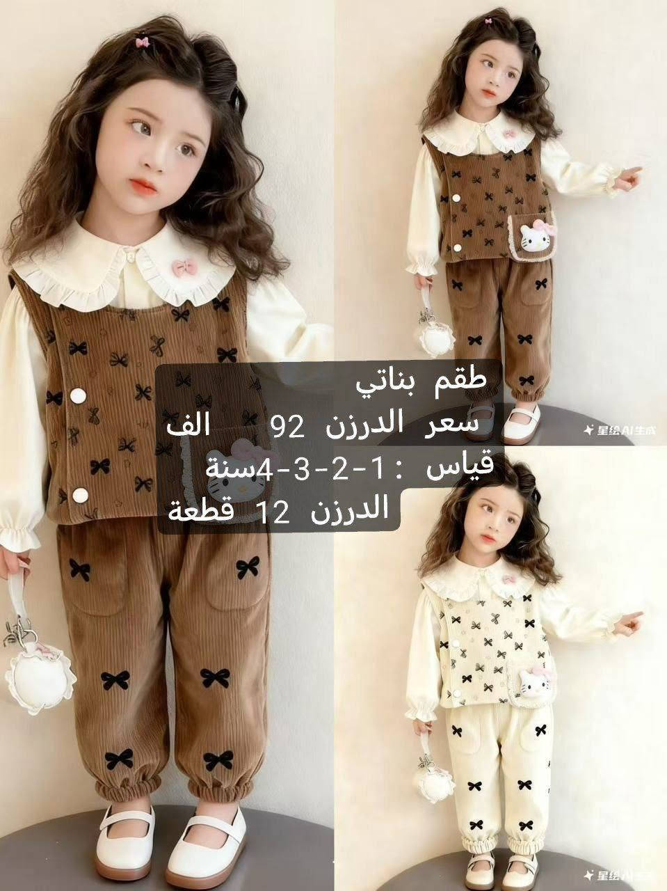 🔥 تجار وأصحاب محلات ملابس الأطفال 🔥
✨ موديلات أطفال جديدة وحلوة
💰 أسعار جملة مناسبة
📦 أقل طلب درزن
📏 قياسات متعددة
🚚 توصيل متوفر
📲 للطلب والصور والأسعار راسلونا واتساب
***********

نص مكتوب في الصور:
- JBE-514 KC531452 طقم بناتي 4 قطع سعر الدرزن 134 الف قياس : 1-2-3-4 سنة الدرزن 12 قطعة 2-5
- طقم ولادي
- سعر الدرزن 95 الف
- قياس : 1-2-3-4سنة
- الدرزن 12 قطعة
- طقم بناتي 4 قطع
- سعر الدرزن 133 الف
- قياس: 1-2-3-4 سنة
- طقم ولادي سعر الدرزن 95 الف قياس : 1-2-3-4 سنة الدرزن 12 قطعة
- 35157 طقم ولادي 4 قطع سعر الدرزن 133 الف قياس : 1-2-3-4 سنة الدرزن 12 قطعة
- JBE-473 طقم ولادي 4 قطع سعر الدرزن 133 الف قياس : 1-2-3-4 سنة الدرزن 12 قطعة 2-5
- طقم بناتي
- سعر الدرزن 92 الف
- قياس : 1-2-3-4 سنة
- Xicoomifn.Autumn طقم ولادي سعر الدرزن 95 الف قياس : 1-2-3-4 سنة الدرزن 12 قطعة Xicoomifn.Autumn Xicoomifn.Autumn 星绘AI生成 星绘AI生成
- طقم بناتي 3 قطع
- سعر الدرزن 113 الف
- قیاس: 1-2-3-4 سنة