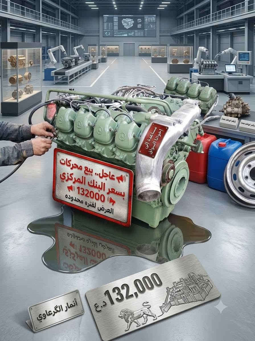 للطلب والاستفسار يرجى الاتصال على الرقم التالي ***********
***********

نص مكتوب في الصور:
- مساعدة إلى إخواننا السواق
- عاجل.. بيع محركات بسعر البنك المركزي
- 132000
- العرض لفترة محدوده
- 132,000 د.ع
- أنمار الكرعاوي