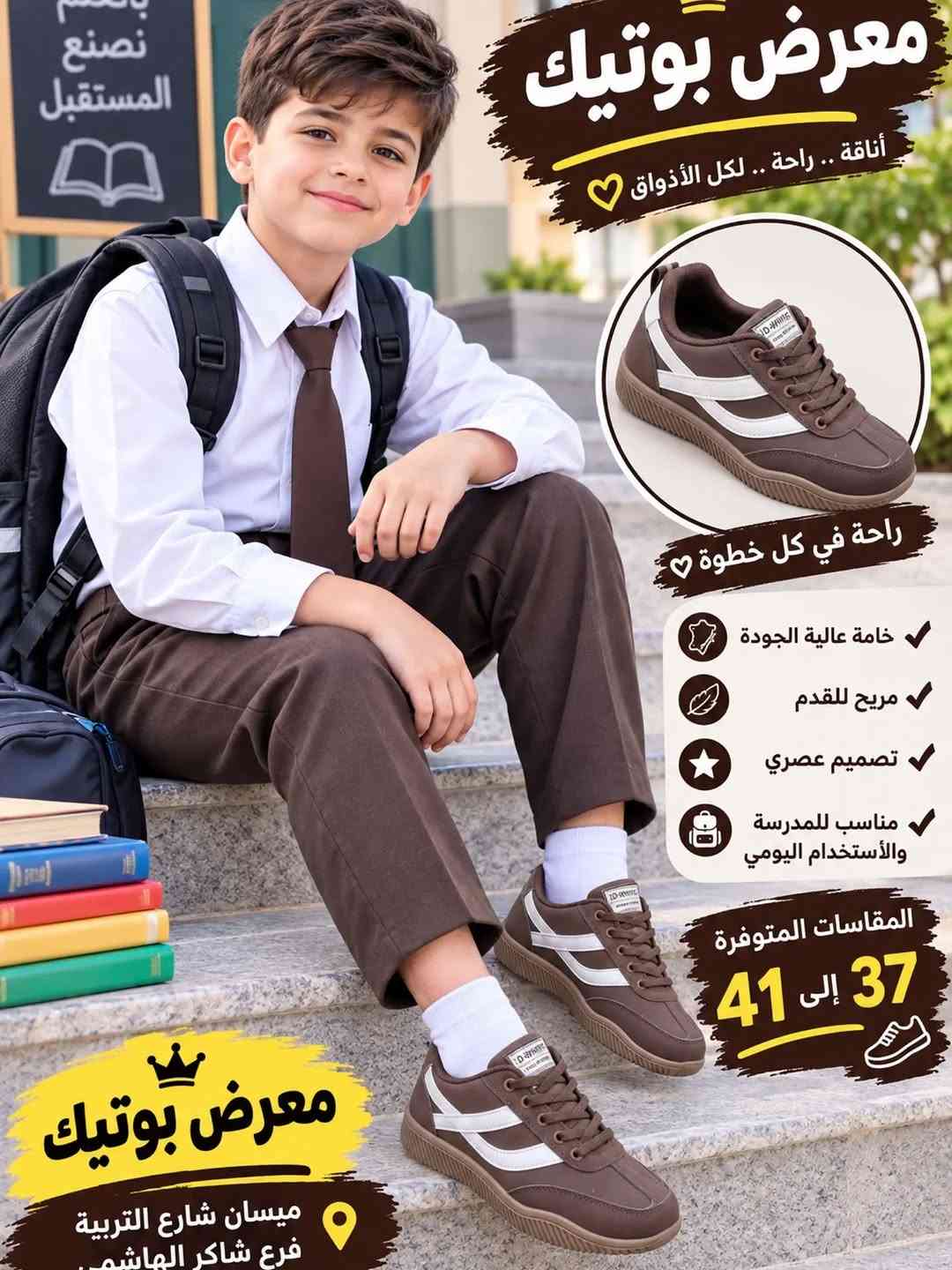 جديد من معرض بوتيك للموسم المدرسي حذاء ولادي وبناتي سبورت (سامبا) قياساته من 37لى41 
السعر 20
تتوفر خدمة التوصيل العنوان ميسان شارع التربيه فرع شاكر الهاشمي اسم المحل معرض بوتيك للاستفسار ارسل رساله الى البيج او على رقم الهاتف ***********

نص مكتوب في الصور:
- معرض بونياك أناقة .. راحة .. لكل الأذواق راحة في كل خطوة خامة عالية الجودة مريح للقدم تصميم عصري مناسب للمدرسة والاستخدام اليومي المقاسات المتوفرة 37 إلى 41 معرض بوتيك ميسان شارع التربية فرع شاكر الهاشم
- معرض بوتيك أناقة .. راحة .. لكل الأذواق راحة في كل خطوة خامة عالية الجودة مريح للقدم تصميم عصري مناسب للمدرسة والاستخدام اليومي المقسات المتوفرة 37 إلى 41 معرض بوتيك ميسان شارع التربية فرع شاكر الهاشم
- معرض بوتيك أناقة .. راحة .. لكل الأخفاق راحة في كل خطوة خامة عالية الجودة مريح للقدم تصميم عصري مناسب للمدرسة والاستخدام اليومي المقاسات المتوفرة 37 إلى 41 معرض بوتيك ميسان شارع التربية فرع شاكر الهاشم تصنع المستقبل
- معرض بوتيك أناقة .. راحة .. لكل الأذواق راحة في كل خطوة خامة عالية الجودة مريح للقدم تصميم عصري مناسب للمدرسة والاستخدام اليومي المقاسات المتوفرة 37 إلى 41 معرض بوتيك ميسان شارع التربية فرع شاكر الهاشم
- معرض بوتياك
- أناقة .. راحة .. لكل الأذواق
- راحة في كل خطوة
- خامة عالية الجودة
- مريح للقدم
- تصميم عصري
- مناسب للمدرسة والاستخدام اليومي
- المقاسات المتوفرة
- 37 إلى 41
- معرض بوتيك
- ميسان شارع التربية
- فرع شاكر الماشط