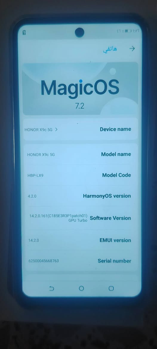 جهاز هونر x9c 5g
جديد ما مستعمل فقط الكاروتونة مفتوحة 
غراضه كلهن موجودات 
السعر 400 وبي مجال 
للاستفسار خاص 
او الاتصال على الرقم ***********

نص مكتوب في الصور:
- هاتفي
- MagicOS
- 7.2
- HONOR X9c 5G
- Device name
- Model name
- HBP-LX9
- Model Code
- 4.2.0
- HarmonyOS version
- 14.2.0.161(C185E3R3P1patch01)
- GPU Turbo
- Software Version
- 14.2.0
- EMUI version
- 62500045668763
- Serial number
- 355441144029276
- 355441144029284
- IMEI
- Snapdragon 6 Gen 1
- Processor
- 24GB
- RAM
- Available:508.4GB
- Total:512GB
- Storage
- 2700 x 1224
- Screen
- 21C60SPC112CP0000,21C60SPC
- 112CP0000
- Base version
- 5.10.43
- OS@localhost #1
- Sat Nov 8 16:38:16 CST 2025
- Kernel version
- Parmas version
- 2024-05-01
- Security patch
- ١:٥٦ ٤٥٪ التخزين ٤,١٠ غيغابايت سعة التخزين المستخدمة من أصل 512GB إخلاء بعض المساحة الصور ومقاطع الفيديو ٠,٠٠ غيغابايت الموسيقى والصوت ٠,٠٠ غيغابايت الألعاب ٠,٠٠ غيغابايت تطبيقات الأفلام والتلفزيون ٠,٠٠ غيغابايت تطبيقات أخرى ٠,٨٣ غيغابايت الملفات ٠,٠٠ غيغابايت