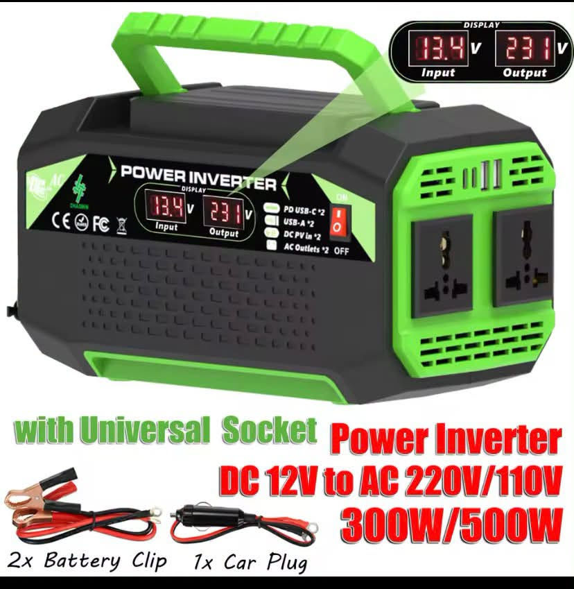 اعلى سعر

نص مكتوب في الصور:
- OUTDOOR EMERGENCY POWER SUPPLY 8 machine work together Switch (15W) Laptop (60W) Phone (11W) Camera (15W) Go Pro (15W) Drone (25W) DC Fan(50W) Lamp (5W)
- ACCESSORY STORAGE ROOM Push and Open Open it! Put the accessory into the storage room for easy carrying 12V Battery
- with Universal Socket Power Inverter DC 12V to AC 220V/110V 300W/500W 2x Battery Clip 1x Car Plug