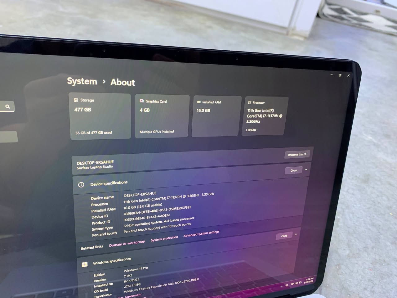 Microsoft Surface Studio RTX3050 TI 4GB
لابتۆپ بۆ فڕۆشتن 💻

پڕۆسێسەر: Intel Core i7-11370H (نەوەی 11)

ڕام: 16GB

هارد: 512GB SSD

کارتی گرافیک: RTX 3050 Ti 4GB

شاشە: 14.4 دیجیتاڵ تاچ 120Hz لەمس

تەندروستی پاتری: %78.7

دۆخی ئامێر: زۆر پاکە، تەنها شوێنی ڕەبری لایەنی هەیە (لە وێنەدا دیارە).

باشە بۆ: بەرنامەکانی ئەندازیاری، دیزاین، مۆنتاژ و یاری.

📍 شوێن: کەلار 📞 پەیوەندی: *********** 💰 نرخ: 630$

نص مكتوب في الصور:
- System > About Storage 477 GB 55 GB of 477 GB used Graphics Card 4 GB Multiple GPUs installed Installed RAM 16.0 GB Processor 11th Gen Intel(R) Core(TM) i7-11370H @ 3.30GHz 3.30 GHz Rename this PC DESKTOP-ERSAHUE Surface Laptop Studio Copy Device specifications Device name DESKTOP-ERSAHUE Processor 11th Gen Intel(R) Core(TM) i7-11370H @ 3.30GHz 3.30 GHz Installed RAM 16.0 GB (15.8 GB usable) Device ID 43968FA4-DEEB-4B61-95F3-D50F859DF593 Product ID 00330-66940-87442-AAOEM System type 64-bit operating system, x64-based processor Pen and touch Pen and touch support with 10 touch points Copy Related links Domain or workgroup System protection Advanced system settings Windows specifications Edition Windows 11 Pro Version 23H2 Installed on 8/14/2023 OS build 22631.6199 Experience Windows Feature Experience Pack 1000.22700.1108.0
- Battery report
- COMPUTER NAME	DESKTOP-ERSAHUE
- SYSTEM PRODUCT NAME	Microsoft Corporation Surface Laptop Studio
- BIOS	23.101.143 08/14/2023
- OS BUILD	22621.1.amd64fre.ni_release.220506-1250
- PLATFORM ROLE	Mobile
- CONNECTED STANDBY	Supported
- REPORT TIME	2026-09-11 11:05:00
- Installed batteries
- Information about each currently installed battery
- BATTERY 1
- NAME	SurfaceBattery
- MANUFACTURER	SMP
- SERIAL NUMBER	0029064209
- CHEMISTRY	LION
- DESIGN CAPACITY	56,310 mWh
- FULL CHARGE CAPACITY	44,360 mWh
- CYCLE COUNT	556
