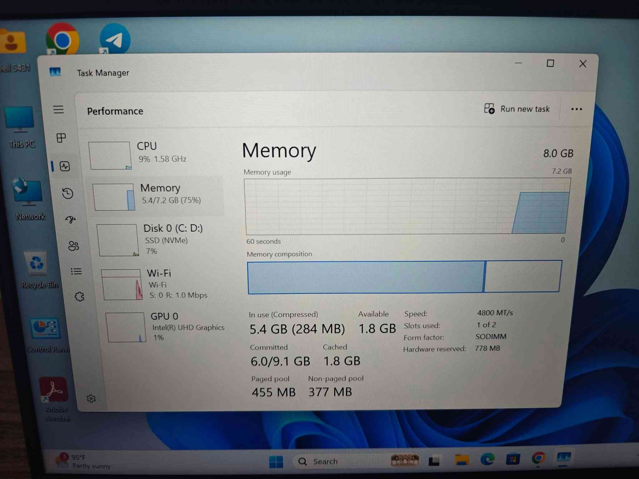 🔥 عرض خاص | قطعة واحدة فقط 
💻 Dell Latitude 5431 | الجيل 12

✨ مستخدم نضيف جداًالجيل 12 

💰 السعر: 410 الف فقط
💻 المواصفات: 
🔹 المعالج: Intel Core i5-1250P الجيل 12
🔹 12 نواة / 16 خيط معالجة
ا🔹الرام RAM: 8GB DDR5
🔹التخزين SSD: 256GB
🔹 كرت الشاشة: Intel UHD Graphics
🔹 الشاشة: 14 إنچ Full Hd 
🔹نظام التشغيل ويندوز 11 برو الاصلي 
✨ مناسب لـ:
📚 الدراسة والعمل
💼 Office والمحاسبة
💻 البرمجة
🌐 التصفح والإنترنت
🎨 التصميم والاستخدام اليومي

🎒 الملحقات: شاحن + جنطة
🛡️ ضمان لمدة 7 أيام
🚗 متوفر توصيل
📞 اتصال: ***********
📱واتساب : ***********

نص مكتوب في الصور:
- ياسر لابتوبات جودة عالية . أداء مضمون . أسعار منافسة بيع لابتوبات جديد و مستعمل خدمة ما بعد البيع دعم فني أسعار مناسبة تناسب الجميع ضمان على الأجهزة جودة مضمونة أجهزة مختيرة يوجد توصيل لكافة المناطق WhatsApp: *********** اتصال: ***********
- DirectX Diagnostic Tool System Display Sound Input This tool reports detailed information about the DirectX components and drivers installed on your system. If you know what area is causing the problem, click the appropriate tab above. Otherwise, you can use the "Next Page" button below to visit each page in sequence. System Information Current Date/Time: Monday, September 28, 2026, 5:32:08 PM Computer Name: DESKTOP-G2S56KJ Operating System: Windows 11 Pro 64-bit (10.0, Build 26200) Language: English (Regional Setting: English) System Manufacturer: Dell Inc. System Model: Latitude 5431 BIOS: 1.30.0 Processor: 12th Gen Intel(R) Core(TM) i5-1250P (16 CPUs), ~1.7GHz Memory: 8192MB RAM Page file: 6106MB used, 3164MB available DirectX Version: DirectX 12 Check for WHQL digital signatures DxDiag 10.00.26100.7920 64-bit Unicode Copyright (c) Microsoft. All rights reserved. Help Next Page Save All Information... Exit
- DirectX Diagnostic Tool
- System Display Sound Input
- Device
- Name: Intel(R) UHD Graphics
- Manufacturer: Intel Corporation
- Chip Type: Intel(R) UHD Graphics Family
- DAC Type: Internal
- Device Type: Full Display Device
- Approx. Total Memory: 3835 MB
- Display Memory (VRAM): 128 MB
- Shared Memory: 3707 MB
- Drivers
- Main Driver: igdumdim64.dll,igd10iumd64.dll,igd10
- Version: 32.0.101.7088
- Date: 6/17/2026 03:00:00
- WHQL Logo'd: Yes
- Direct3D DDI: 12
- Feature Levels: 12_1,12_0,11_1,11_0,10_1,10_0,9_3,
- Driver Model: WDDM 3.2
- DirectX Features
- DirectDraw Acceleration: Enabled
- Direct3D Acceleration: Enabled
- AGP Texture Acceleration: Enabled
- DirectX 12 Ultimate: Disabled
- Notes
- No problems found.
- Help
- Next Page
- Save All Information...
- Exit
- Task Manager Performance Run new task CPU 12th Gen Intel(R) Core(TM) i5-1250P % Utilization 100% 60 seconds 0 CPU 9% 1.57 GHz Memory 5.4/7.2 GB (75%) Disk 0 (C: D:) SSD (NVMe) 5% Wi-Fi Wi-Fi S: 16.0 R: 704 Kbps GPU 0 Intel(R) UHD Graphics 1% Utilization 9% Speed 1.57 GHz Processes 206 Threads 3144 Handles 95853 Up time 0:02:25:55 Base speed: 1.70 GHz Sockets: 1 Cores: 12 Logical processors: 16 Virtualization: Enabled L1 cache: 1.1 MB L2 cache: 9.0 MB L3 cache: 12.0 MB
- Task Manager
- Performance
- Run new task
- CPU
- 9% 1.58 GHz
- Memory
- 5.4/7.2 GB (75%)
- Disk 0 (C: D:)
- SSD (NVMe)
- 7%
- Wi-Fi
- S: 0 R: 1.0 Mbps
- GPU 0
- Intel(R) UHD Graphics
- 1%
- Memory usage
- 8.0 GB
- 7.2 GB
- 60 seconds
- 0
- Memory composition
- In use (Compressed)
- 5.4 GB (284 MB)
- Available
- 1.8 GB
- Speed:
- 4800 MT/s
- Slots used:
- 1 of 2
- Form factor:
- SODIMM
- Hardware reserved:
- 778 MB
- Committed
- 6.0/9.1 GB
- Cached
- Paged pool
- 455 MB
- Non-paged pool
- 377 MB
- 95°F
- Partly sunny
- Search
- Dell 5431
- This PC
- Network
- Recycle Bin
- Control Panel
- Adobe Acrobat