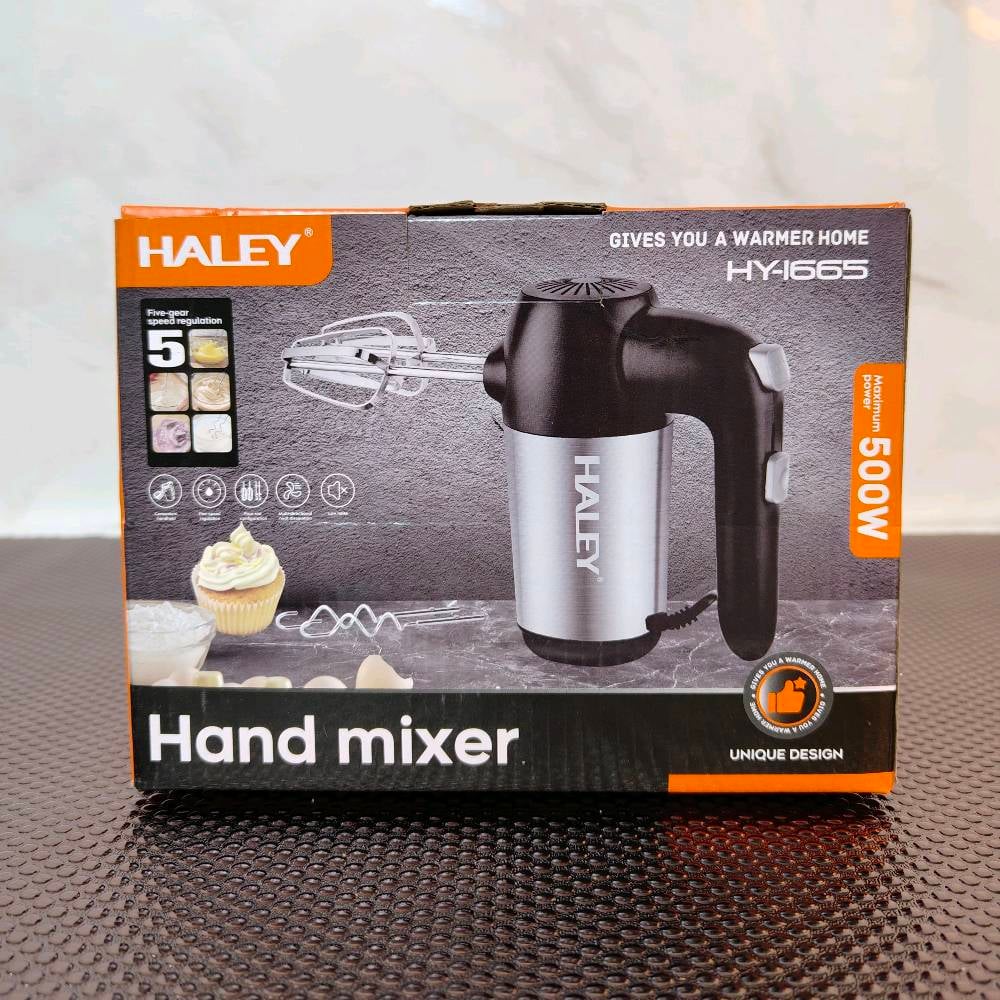 خلاط يدوي HALEY بقوة 500 واط ، بخمس سرعات وملحقات مزدوجة للعجن والخفق، نظام ذكي لتشتيت الحرارة بسرعة , تشغيل هادئ منخفض الضوضاء, مصنوع من الستانلس ستيل مطلي بالكروم وسهل التنظيف