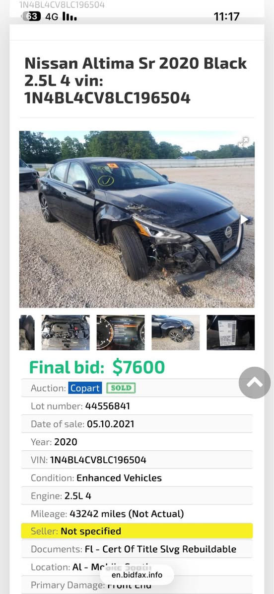السلام عليكم. التيما SR 2020 فول مواصفات ماعدا الفتحة. دفتر بانزين وسنوية كلها جاهزة . سيارة مال بيت وجناي ماتصرف عليها 250 دينار جاهزة من كلشي ورقمها مميز هم. ويرهم مراوس كورلا 20 وفوك . حادثها بامريكا ربع بونيد وجاملغ السكن وبيها بارد شي قليل بالقمارة . بجم كبس خلفي كبس ارباك مرجعهم سستم . صاحب السيارة رايدها 136 ورقة . وبيها مجال شوي الصور والحادث موجودة بالمنشور . ماعجبك المنشور اعبر لاتعلق كلشي اكو بسوك . رقم صاحب السيارة 
*********** كركوك, العراق

نص مكتوب في الصور:
- 1N4BL4CV8LC196504 11:17 Nissan Altima Sr 2020 Black 2.5L 4 vin: 1N4BL4CV8LC196504 Final bid: $7600 Auction: Copart SOLD Lot number: 44556841 Date of sale: 05.10.2021 Year: 2020 VIN: 1N4BL4CV8LC196504 Condition: Enhanced Vehicles Engine: 2.5L 4 Mileage: 43242 miles (Not Actual) Seller: Not specified Documents: Fl - Cert Of Title Slvg Rebuildable Location: Al - Mc`aite Saa.i en.bidfax.info Primary Damage: rruii LiIU
