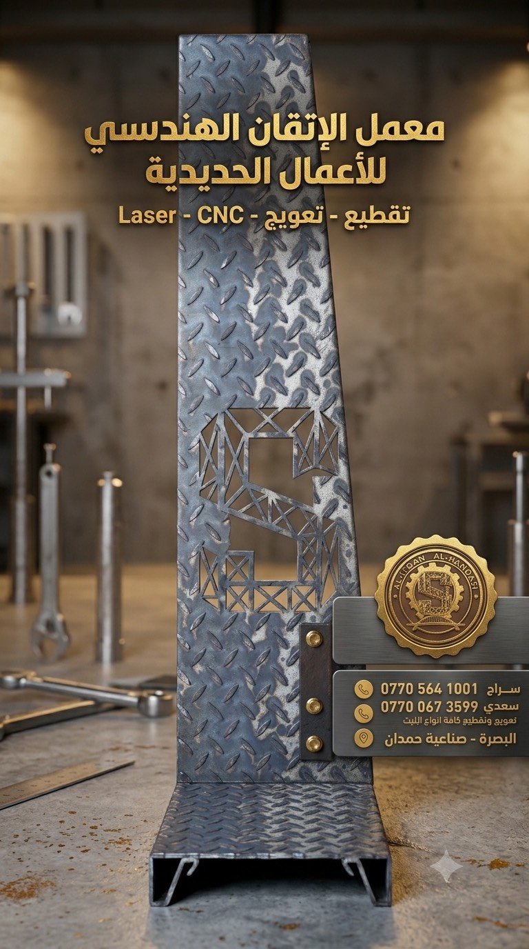 معمل الإتقان الهندسي للأعمال الحديدية
مستعدون لعمل جميع انواع البايات الكريتنك والبليت بكافة القياسات والاحجام 
كما يتوفر لدينا تعريج جميع انواع البليت وتصنيع السواقي بكافة القياسات والاثخان

(العنوان:البصرة صناعية حمدان مجاور معمل الملح)
(هاتف:*********** سراج)