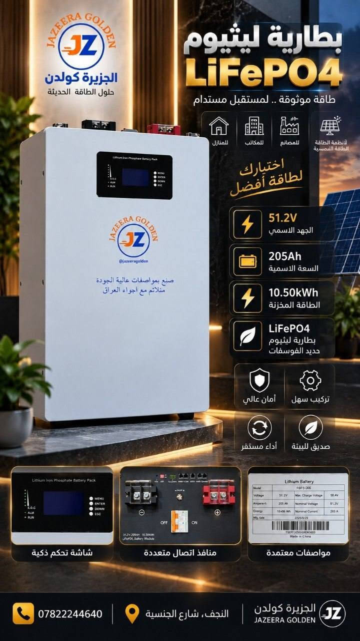 متوفر 5 
بطارية ضمان خمس سنوات
ليثيوم كريد A
10k
سعر مليون و٦٥٠ الف
....
انفيرتر دياي ٦.٦ 
٥٥٠ الف
***********

نص مكتوب في الصور:
- Deye انفرتر ديي Off-Grid 6.6kW الأداء الذي تعتمد عليه قدرة 6.6 كيلوواط (6.6 kW) نظام Off-Grid مستقل عن الشبكة يدعم الألواح الشمسية (MPPT) شحن ببطاريات بتيار يصل إلى 135A متوافق مع بطاريات الليثيوم والرصاص حماية IP65 ضد الغبار والماء شاشة LCD للتحكم والمراقبة إمكانية المراقبة عبر Wi-Fi مناسب للأنظمة المنزلية والمشاريع الشمسية جودة عالية و اعتمادية تامة السعر 550,000 دينار عراقي التوصيل مجاناً لجميع محافظات العراق
- الجزيرة كولدن JAZEERA GOLDEN حلول الطاقة الحديثة بطارية ليثيوم LiFePO4 طاقة موثوقة .. لمستقبل مستدام للمنازل للمكاتب للمصانع لأنظمة الطاقة الشمسية اختيارك لطاقة أفضل 51.2V الجهد الاسمي 205Ah السعة الاسمية 10.50kWh الطاقة المخزنة LiFePO4 بطارية ليثيوم حديد الفوسفات تركيب سهل أمان عالي صديق للبيئة أداء مستقر شاشة تحكم ذكية منافذ اتصال متعددة مواصفات معتمدة *********** النجف، شارع الجنسية الجزيرة كولدن JAZEERA GOLDEN
