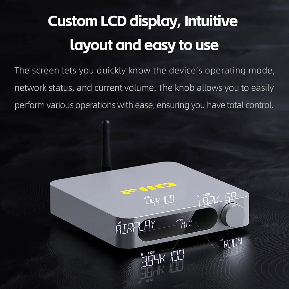 للتواصل واتساب ***********

نص مكتوب في الصور:
- Streaming music receiver
- The SR11 is a high-performance lossless streaming music receiver, also known as a music streamer, supporting various network streaming protocols. When paired with an external decoder, it allows you to easily set up a streaming HiFi system, enabling you to enjoy high-bitrate lossless streaming audio.
- FiiO | SR11
- Custom LCD display, Intuitive layout and easy to use
- The screen lets you quickly know the device's operating mode, network status, and current volume. The knob allows you to easily perform various operations with ease, ensuring you have total control.
- Stably connected, Wired and Wirelessly The Ethernet port supports speeds up to 1000Mbps over wired networks for fast and stable transmission of data. The AP6256 Wi-Fi module supports both 2.4GHz and 5GHz dual-band wireless networks which help to ensure stable wireless transmission of lossless audio. 1000Mbps WiFi 2.4G/5G
- Powerful multi-core processor with ultra-low power consumption
- The SR11 features the X2000 high-performance multi-core processor, with one core based on the unique XBurst2 dual-logic core and another XBurst0 small core. The processor boasts excellent computational power, strong real-time control capabilities, and ultra-low power consumption. The chip ensures precise processing of audio signals for stable and smooth music playback.
- X2000