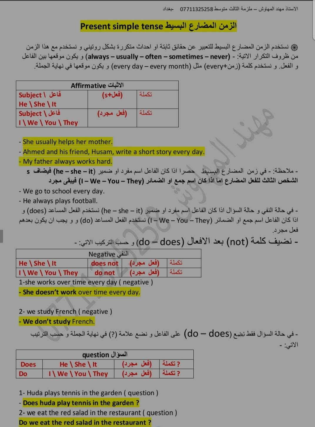 ملخص اليونت الثاني للثالث متوسط لمادة اللغة الانكليزية شرح مختصر وواضح
الاستاذ مهند المهاوش

قناة اليوتيوب 
https://youtu.be/56Hw7C88BN8?si=XiMp6WS8it-J2sXM
قناة التلكرام 
https://t.me/nood91

نص مكتوب في الصور:
- الاستاذ مهند المهاوش - ملزمة الثالث متوسط *********** - بغداد
- UNIT TWO
- Lesson 1
- Matches
- Verbs الافعال
- Nouns الاسماء
- 1
- Do يفعل
- A hobby هواية
- 2
- Go يذهب
- To the cinema - fishing - shopping
- الى السينما صيد السمك التسوق
- 3
- Have لدية
- A picnic - a rest
- سفرة استراحة
- 4
- Kick يركل
- A ball الكرة
- 5
- Read يقرأ
- A story قصة
- 6
- Score يسجل
- A point - a goal
- هدف نقطة
- 7
- Spend يقضي
- Sometime - the afternoon - the morning
- بعض الوقت المساء الصباح
- 8
- Watch يشاهد
- TV - a football match
- مباراة كرة قدم تلفاز
- 9
- Win يفوز
- A game - medal
- لعبة مدالية
- ***********
- *********** Talking about like / dislike (افعال الرغبة و عدم الرغبة) للتعبير عن الاشياء التي نرغب بها و لا نرغب بها فاننا نستخدم افعال الرغبة الاتية ( love - enjoy - like - don't like - hate ) متبوعة بفعل يحتوي على (ing) و حسب القاعدة الاتية: - Sub. الفاعل Love \ Like \ Dislike \ Don't like Enjoy \ Hate How about فعل يحتوي على (ing) 1 قد تاتي الاسئلة على شكل جواب كامل-1 express your preference concerning to go to the mall ( how about ) - How about going to the mall . 2 =Use ( I like ) to express your preference concering play tennis - I like playing tennis. 3- Express your dislike concerning flies ( جملة حسب المعنى ) - 4- How about (go) to the mall ( correct the verb ) الاقتراحات - suggestions 2 التعبير عن المفضلات و صنع الاقتراحات نتبع الاتي: - Let`s Why not + فعل مجرد I`d rather 1- Express your concerning to go to the shop ( Let`s ) - 2- ( watch a film ). ( Expressing performance using . I`d rather ) I`d like + to فعل 3 I`d love Would you like 1- Express your preference concerning going to the mall ( I`d Love ) - 2- Use ( I`d love ) -------- to express your preference concerning playing tennis .
- للموافقة على موضوع تكوين الاقتراحات و التفضيلات و الذي نتعرف عليه من خلال كلمة 4
- وافق (agree) او كلمة اقبل (accept) في جملة السؤال. حيث عند الموافقة نكتب احد التكابير الاتي -
- let`s go to the mall ( accept )
- play football .
- why not
- Yes , let's
- 1- Yes, let's go.
- 2- Yes, why not.
- Refuse - لرفض الاقتراح نستخدم
- سبب الرفض NO,
- 1- Let's go for a picnic today .(Refuse )
- No, I am busy .
- أسئلة وزارية
- 1- Express your dislike concerning flies
- 2- How about (go) to the mall ( correct the verb )
- 3- express your preference concerning to walk in the park ( I enjoy )
- -I enjoy walking in the park .
- 4- Express your preference concerning going to the mall ( I'd
- Love )
- 5- Use ( I'd love ) -------- to express your preference concerning playing tennis .
- -I'd love to play tennis .
- 6-- let's play a game of chess ( accept )
- 7- Let's watch a film. (accept)
- 8- make suggestion for your little brother about where to spend the holiday ( use ; how
- about )
- 9- Express your preference concerning going to the theatre ( Use I'd Love )
- 10- let's go to the park ( Refuse )
- 11- Use " I'd rather ' to express your preference to go to the cinema .
- الاستاذ مهند المهاوش - ملزمة الثالث متوسط *********** بغداد
- 12- Agree to your friend's suggestion going to the museum
- تدرب - صيغة الاسئلة
- 1- Where would you like ......... this afternoon? (to go – go – going)
- 2- I'd rather (go – to go – going ) to the beach and play football .
- 3- I like (wear – to wear – wearing) casual clothes.
- 4- I'd rather .............. landscapes. (drawing –draw – to draw )
- 5- ................ listen to soft music. (how about – I'd rather – I'd love)
- 6- How about (playing – to play – play) chess?
- 7- Why not (spending – to spend – spend) the holiday in the north?
- 8- I enjoy (walking , walked , walks) along the beach .
- 9-I'd love ( to go – going – go ) mall .
- 10- I love .......... matches on TV. (watch , watching, to watch)
- 11- I like ............ cars. (drive , to drive , driving)
- 12- I enjoy (walking , walked , walks) along the beach
- *********** مهند المهاوش
- الزمن المضارع البسيط Present simple tense
- نستخدم الزمن المضارع البسيط للتعبير عن حقائق ثابتة او احداث متكررة بشكل روتيني و نستخدم مع هذا الزمن من ظروف التكرار الاتية: (always - usually - often - sometimes - never) و يكون موقعها بين الفاعل و الفعل. و نستخدم كلمة (every+زمن) مثل (every day - every month) و يكون موقعها في نهاية الجملة.
- Affirmative الاثبات
- Subject \ فاعل
- He \ She \ It
- (s+فعل)
- تكملة
- I \ We \ You \ They
- (فعل مجرد)
- - She usually helps her mother.
- - Ahmed and his friend, Husam, write a short story every day.
- - My father always works hard.
- - ملاحظة: - في زمن المضارع البسيط حصرا اذا كان الفاعل اسم مفرد او ضمير (he - she - it) فيضاف s الشخص الثالث للفعل المضارع اما اذا كان اسم جمع او الضمير (I - We - You - They) فيبقى مجرد
- - We go to school every day.
- - He always plays football.
- - في حالة النفي و حالة السؤال اذا كان الفاعل اسم مفرد او ضمير (he - she - it) نستخدم الفعل المساعد (does) و اذا كان الفاعل اسم جمع او الضمير (I - We - You - They) نستخدم الفعل المساعد (do) و يجب ان يكون بعدهم فعل مجرد.
- - نضيف كلمة (not) بعد الافعال (does - do) و حسب التركيب الاتي: -
- Negative النفي
- does not
- do not
- 1-she works over time every day ( negative )
- - She doesn't work over time every day.
- 2- we study French ( negative )
- - We don't study French.
- - في حالة السؤال فقط نضع (do - does) على الفاعل و نضع علامة (?) في نهاية الجملة و حسب الترتيب الاتي: -
- question السؤال
- Does
- تكملة ?
- Do
- 1- Huda plays tennis in the garden ( question )
- - Does huda play tennis in the garden ?
- 2- we eat the red salad in the restaurant ( question )
- Do we eat the red salad in the restaurant ?
- be
- ( is- am - are )
- فاعل
- - I (be) thirteen years. (present simple)
- - I am thirteen years.
- - They (not be) at home. (Negative)
- - They aren't at home.
- 1- Fatima (lose ) her book . (Present simple)
- - Fatima loses her book .
- 2- The moon shines in the night. (question)
- -Does the moon shine in the night .
- 3- Rana cooks chicken well. (Negative)
- 4- Huda enjoys playing tennis ( negative )
- - Huda doesn't enjoy playing tennis .
- 5- Lucy ( get ) the best mark in the exam ( present simple )
- 6- Ali is the best player in our team ( negative )
- 7- Where (do) he go every day? (Correct the verb)
- 8- you are a movie fan ( make question )
- 9- Nada plays tennis well ( question )
- 10- Ahmed (be) a good player. (Correct the verb)
- 11- Mazin visits his uncle every weekend ( negative )
- مهند المهاوش ***********
- Past simple tense - زمن الماضي البسيط
- نستخدم الزمن الماضي البسيط (past simple tense) للتعبير عن احداث سابقة و نستدل عليه من خلال بعض الظروف الاتية: ( yesterday - last - ago - past )
- - للتعبير عن هذا الزمن في حالة الاثبات (affirmative) نتبع الصيغة الاتية:
- فاعل + ed / شاذ
- - Yesterday, I visited my uncle.
- - She wrote a long story last year.
- - ملاحظة: - الفعل الماضي اما يكون قياسي فياخذ (ed) او يكون غير قياسي (شاذ) حسب نوع الفعل
- - اما في حالة النفي (negative) نضع اداة النفي (not) بعد الفعل المساعد (did) و حسب التركيب الاتي:
- Sub + (did + not) + فعل مجرد + التكملة
- 1- She watched the film yesterday ( negative )
- - she didn't watch the film yesterday .
- 2- suha enjoyed in the picnic last Friday ( negative )
- Suha didn't enjoy in the picnic last Friday .
- - في حالة السؤال (question) فقط نقدم الفعل المساعد (did) على الفاعل و نضع علامة (?) في نهاية الجملة و حسب التركيب ادناه:
- Did +Sub + فعل مجرد + التكملة?
- - you finished the report last week ( question )
- -Did you finish the report last week?
- - they went to the zoo two days ago ( question )
- Did they go to the zoo two days ago ?
- الافعال المساعدة
- were ----- Was + فاعل
- - They were good players.
- - I was a famous writer.
- - It was a good story.
- - Give the past simple tense of these verbs- اعطي صيغة الافعال الاتية في زمن الماض البسيط -
- Infinitive مصدر
- Regular اعتيادي
- Past tense زمن الماضي
- Irregular غير اعتيادي
- Go-went
- Take - took
- Want wanted
- Is was
- Arrive
- Say said
- Laugh
- Send Sent
- Do-did
- Land
- Lose lost
- Play played
- Fly flew
- Write -wrote
- paint
- Get Got
- move moved
- Set set
- See- saw
- call
- Put put
- Drive- drove
- paint painted
- read read
- تدرب
- 1- I (watch) an interesting film last night. (Correct the verb)
- 2- He went to school yesterday. (Negative)
- - He didn't go to school yesterday.
- 3- They helped on an old man cross the street. (Question)
- - Did they help on an man cross the street.
- 4- She (see) the film yesterday (correct)
- 5- Ahmed was the second person enter here last day (negative )
- 6- The hall was empty. (Make the sentence negative)
- 7- It (not rain) a lot last night.
- 8- We moved to a new house .............. (next week / every week / last week)
- 9- Where (do) you go yesterday? (Correct the verb)
- 10- I (be) a taxi driver two years ago. (Correct the verb)
- 11- (Did / Were) she pass her driving test last week?