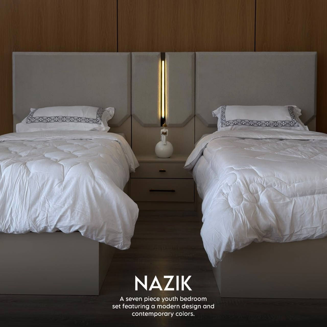 نازك شبابي 7 قطع 
انارة في سرير 
 ميز تواليت انارة

كنتور 240-220
سرير 100-200-130
ميز تواليت 120-180

***********

نص مكتوب في الصور:
- NAZIK
- A seven piece youth bedroom
- set featuring a modern design and
- contemporary colors.
- NAZIK A seven piece youth bedroom set featuring a modern design and contemporary colors.