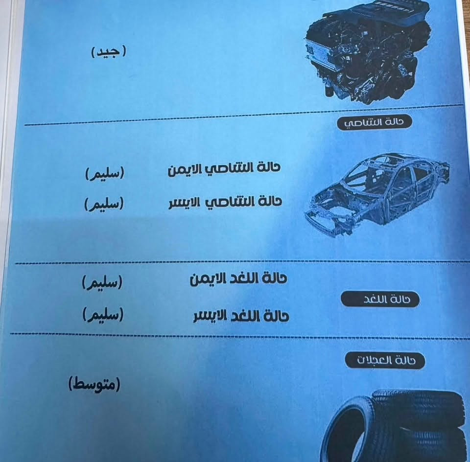 السعر 125 وبيها مجال بسيط جداً  
كونا 2021 رقم بغداد محرك 2000 دوش كير at بصمة دوشمه جديده
 ماشيه 44
سونار بالمنشور كير محرك مكفول
حادثها بابتين 
مكانها حي اور الشعب
***********

نص مكتوب في الصور:
- (جيد)
- حالة الشاصي
- حالة الشاصي الايمن (سليم)
- حالة الشاصي الايسر (سليم)
- حالة اللغد الايمن (سليم)
- حالة اللغد الايسر (سليم)
- حالة اللغد
- حالة العجلات
- (متوسط)