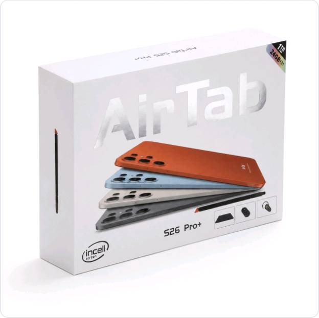 وصف المنتج
تابلت AirTab S26 PRO مناسب للدراسة، الشغل، التصفح، الاجتماعات ومشاهدة الفيديوهات. يجي بشاشة كبيرة 10.1 إنش FHD Incell، رام 24GB ومساحة تخزين 1TB حتى تستخدم التطبيقات وتحفظ ملفاتك براحة. الجهاز يشتغل بنظام Android 15 ومعاه كيبورد عربي، ماوس لاسلكي، سماعة بلوتوث، شاحن وقلم، يعني تاخذه كامل وجاهز للاستخدام اليومي.
المواصفات الأساسية
الماركة: AirTab
 الموديل: AirTab S26 PRO
 نوع المنتج: تابلت 5G مع كيبورد وماوس
 حجم الشاشة: 10.1 إنش
 نوع الشاشة: FHD Incell
 نظام التشغيل: Android 15
 المعالج: MediaTek
 الذاكرة العشوائية: 24GB RAM
 المساحة الداخلية: 1TB Storage
 الكاميرا الخلفية: 30MP
 الكاميرا الأمامية: 13MP
 البطارية: 10000mAh
 الشبكة والاتصال: يدعم 5G
 الكيبورد: كيبورد عربي
 الألوان المتاحة: رمادي، أبيض، أزرق فاتح، برتقالي
 بلد الصنع: الصين
محتويات العبوة
تابلت AirTab S26 PRO
 كيبورد عربي
 ماوس لاسلكي
 سماعة بلوتوث
 قلم لمس
 شاحن
 كابل شحن
 دليل استخدام
 علبة المنتج
المميزات باللهجة العراقية
شاشة كبيرة 10.1 إنش
 تعطيك مشاهدة أوضح وتجربة أريح بالدراسة، الشغل والفيديوهات.
رام 24GB ومساحة 1TB
 تشغل تطبيقاتك بسلاسة وتحفظ ملفاتك، صورك وفيديوهاتك بدون قلق من المساحة.
بطارية قوية 10000mAh
 تخليك تستخدم الجهاز وقت طويل خلال اليوم بدون شحن متكرر.
يجي كامل وياك
 كيبورد عربي، ماوس، سماعة بلوتوث، قلم وشاحن، يعني ما تحتاج تشتري ملحقات إضافية.
نظام Android 15
 سهل بالاستخدام ويدعم أغلب التطبيقات اللي تحتاجها يوميًا.
يدعم 5G
 تصفح أسرع، تحميل أسهل، واجتماعات أونلاين بثبات أفضل.
تفاصيل سريعة
الشاشة: 10.1 إنش FHD Incell
 الرام: 24GB
 التخزين: 1TB
 البطارية: 10000mAh
 النظام: Android 15
 الكاميرا: 13MP + 30MP
 الإضافات: كيبورد عربي + ماوس + سماعة بلوتوث + قلم
 الشبكة: 5G