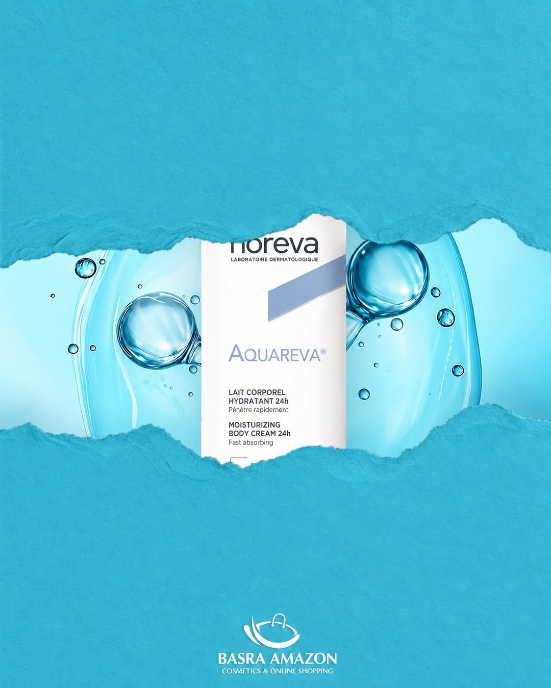 ⁨	ورا كل سحبة… خطوة أقرب لنعومة بشرتج 💧

اسحبي الصور واكتشفي أكواريفا من نوريفا، كريم ترطيب الجسم اللي يجمع بين الترطيب المكثّف والقوام الخفيف، حتى تعتنين ببشرتج براحة كل يوم. 🤍

✨ ترطيب يدوم حتى 24 ساعة.
✨ قوام حليبي سريع الامتصاص، بدون ملمس دهني أو لزج.
✨ يساعد على تنعيم البشرة الجافة والحفاظ على رطوبتها.
✨ يخفّف الإحساس بالشد الناتج عن الجفاف.

عناية بسيطة بس تفرق تضيفيها ليومج… ونعومة راح تحبينها على بشرتج.

💰 السعر: 35,000 د.ع
🧴 الحجم: 400 مل

📲 اطلبيه هسه من تطبيق بصرة أمازون.

🚚 توصيل سريع لكل محافظات العراق
• داخل البصرة: 3,000 د.ع
• باقي المحافظات: 5,000 د.ع

📞 للطلب والاستفسار:
***********
***********⁩

نص مكتوب في الصور:
- اسحبي واكتشفي السر الجديد لإشراقة بشرتك وثقتك BASRA AMAZON COSMETICS & ONLINE SHOPPING
- noreva LABORATORIO DERMATOLOGIQUE AQUAREVA LAIT CORPOREL HYDRATANT 24h Pénètre rapidement MOISTURIZING BODY CREAM 24h Fast absorbing BASRA AMAZON COSMETICS & ONLINE SHOPPING
- BASRA AMAZON COSMETICS & ONLINE SHOPPING