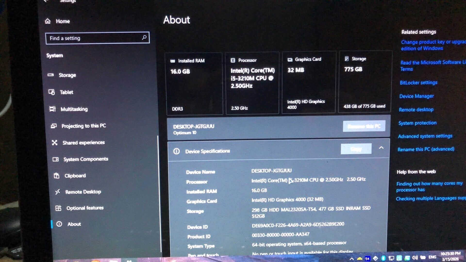 لابتوب ابل ماك بوك برو ٢٠١٢ رامات ١٦ ddr3 معالج core i 5 جيل الثالث فئة M كرت شاشه مدمج intel hd 4000 ال vram مشترك يوصل 1774 تقريبا بيهه هاردين واحد 128 ssd والثاني hdd 320 وقابلات للتطوير كل واحد بيهن 1 تيرا الابتوب فقط الكاميرا لاغيهن + تشغل نظام ماكنتوش ابل ونظام ويندوز مراو او بيع السعر 200 مكاني بغداد منطقه العبيدي

+9647739614315 واتساب

نص مكتوب في الصور:
- About Home Find a setting System Storage Tablet Multitasking Projecting to this PC Shared experiences System Components Clipboard Remote Desktop Optional features About About Installed RAM 16.0 GB DDR3 Processor Intel(R) Core(TM) i5-3210M CPU @ 2.50GHz 2.50 GHz Graphics Card 32 MB Intel(R) HD Graphics 4000 Storage 775 GB 438 GB of 775 GB used DESKTOP-JGTGJUU Optimum 10 Rename this PC Copy Device Specifications Device Name DESKTOP-JGTGJUU Processor Intel(R) Core(TM) i5-3210M CPU @ 2.50GHz 2.50 GHz Installed RAM 16.0 GB Graphics Card Intel(R) HD Graphics 4000 (32 MB) Storage 298 GB HDD MAL2320SA-T54, 477 GB SSD INRAM SSD 512GB Device ID DE69A0C0-F226-4A69-A2A9-6D5262B9E200 Product ID 00330-80000-00000-AA347 System Type 64-bit operating system, x64-based processor Pen and touch No pen or touch input is available for this display Related settings Change product key or upgrade your edition of Windows Read the Microsoft Software License Terms BitLocker settings Device Manager Remote desktop System protection Advanced system settings Rename this PC (advanced) Help from the web Finding out how many cores my processor has Checking multiple Languages support 10:25:30 PM 3/15/2026 ENG