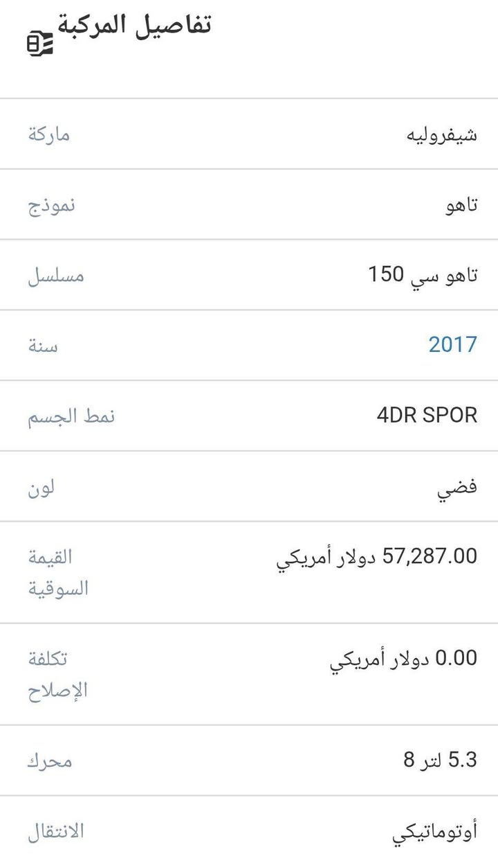 السلام عليكم

للبيع تاهو  lt موديل 2017 فول مواصفات 

وارد امريكي غرق 

الصور والتقارير بالمنشور
للتواصل ***********
سعر 25000$ بغداد, العراق
