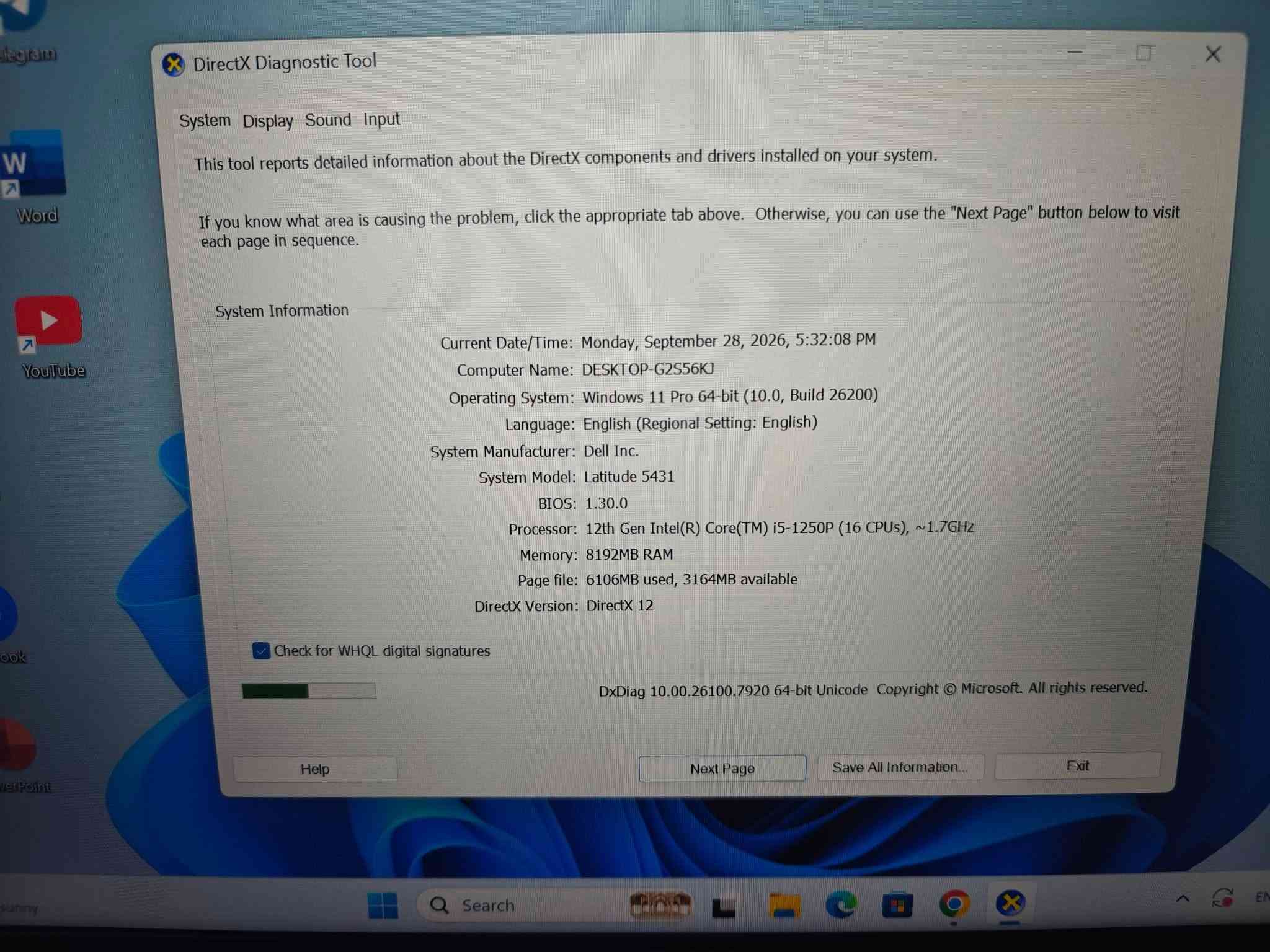 🔥 عرض خاص | قطعة واحدة فقط 
💻 Dell Latitude 5431 | الجيل 12

✨ مستخدم نضيف جداًالجيل 12 

💰 السعر: 410 الف فقط
💻 المواصفات: 
🔹 المعالج: Intel Core i5-1250P الجيل 12
🔹 12 نواة / 16 خيط معالجة
ا🔹الرام RAM: 8GB DDR5
🔹التخزين SSD: 256GB
🔹 كرت الشاشة: Intel UHD Graphics
🔹 الشاشة: 14 إنچ Full Hd 
🔹نظام التشغيل ويندوز 11 برو الاصلي 
✨ مناسب لـ:
📚 الدراسة والعمل
💼 Office والمحاسبة
💻 البرمجة
🌐 التصفح والإنترنت
🎨 التصميم والاستخدام اليومي

🎒 الملحقات: شاحن + جنطة
🛡️ ضمان لمدة 7 أيام
🚗 متوفر توصيل
📞 اتصال: ***********
📱واتساب : ***********

نص مكتوب في الصور:
- ياسر لابتوبات جودة عالية . أداء مضمون . أسعار منافسة بيع لابتوبات جديد و مستعمل خدمة ما بعد البيع دعم فني أسعار مناسبة تناسب الجميع ضمان على الأجهزة جودة مضمونة أجهزة مختيرة يوجد توصيل لكافة المناطق WhatsApp: *********** اتصال: ***********
- DirectX Diagnostic Tool System Display Sound Input This tool reports detailed information about the DirectX components and drivers installed on your system. If you know what area is causing the problem, click the appropriate tab above. Otherwise, you can use the "Next Page" button below to visit each page in sequence. System Information Current Date/Time: Monday, September 28, 2026, 5:32:08 PM Computer Name: DESKTOP-G2S56KJ Operating System: Windows 11 Pro 64-bit (10.0, Build 26200) Language: English (Regional Setting: English) System Manufacturer: Dell Inc. System Model: Latitude 5431 BIOS: 1.30.0 Processor: 12th Gen Intel(R) Core(TM) i5-1250P (16 CPUs), ~1.7GHz Memory: 8192MB RAM Page file: 6106MB used, 3164MB available DirectX Version: DirectX 12 Check for WHQL digital signatures DxDiag 10.00.26100.7920 64-bit Unicode Copyright (c) Microsoft. All rights reserved. Help Next Page Save All Information... Exit
- DirectX Diagnostic Tool
- System Display Sound Input
- Device
- Name: Intel(R) UHD Graphics
- Manufacturer: Intel Corporation
- Chip Type: Intel(R) UHD Graphics Family
- DAC Type: Internal
- Device Type: Full Display Device
- Approx. Total Memory: 3835 MB
- Display Memory (VRAM): 128 MB
- Shared Memory: 3707 MB
- Drivers
- Main Driver: igdumdim64.dll,igd10iumd64.dll,igd10
- Version: 32.0.101.7088
- Date: 6/17/2026 03:00:00
- WHQL Logo'd: Yes
- Direct3D DDI: 12
- Feature Levels: 12_1,12_0,11_1,11_0,10_1,10_0,9_3,
- Driver Model: WDDM 3.2
- DirectX Features
- DirectDraw Acceleration: Enabled
- Direct3D Acceleration: Enabled
- AGP Texture Acceleration: Enabled
- DirectX 12 Ultimate: Disabled
- Notes
- No problems found.
- Help
- Next Page
- Save All Information...
- Exit
- Task Manager Performance Run new task CPU 12th Gen Intel(R) Core(TM) i5-1250P % Utilization 100% 60 seconds 0 CPU 9% 1.57 GHz Memory 5.4/7.2 GB (75%) Disk 0 (C: D:) SSD (NVMe) 5% Wi-Fi Wi-Fi S: 16.0 R: 704 Kbps GPU 0 Intel(R) UHD Graphics 1% Utilization 9% Speed 1.57 GHz Processes 206 Threads 3144 Handles 95853 Up time 0:02:25:55 Base speed: 1.70 GHz Sockets: 1 Cores: 12 Logical processors: 16 Virtualization: Enabled L1 cache: 1.1 MB L2 cache: 9.0 MB L3 cache: 12.0 MB
- Task Manager
- Performance
- Run new task
- CPU
- 9% 1.58 GHz
- Memory
- 5.4/7.2 GB (75%)
- Disk 0 (C: D:)
- SSD (NVMe)
- 7%
- Wi-Fi
- S: 0 R: 1.0 Mbps
- GPU 0
- Intel(R) UHD Graphics
- 1%
- Memory usage
- 8.0 GB
- 7.2 GB
- 60 seconds
- 0
- Memory composition
- In use (Compressed)
- 5.4 GB (284 MB)
- Available
- 1.8 GB
- Speed:
- 4800 MT/s
- Slots used:
- 1 of 2
- Form factor:
- SODIMM
- Hardware reserved:
- 778 MB
- Committed
- 6.0/9.1 GB
- Cached
- Paged pool
- 455 MB
- Non-paged pool
- 377 MB
- 95°F
- Partly sunny
- Search
- Dell 5431
- This PC
- Network
- Recycle Bin
- Control Panel
- Adobe Acrobat