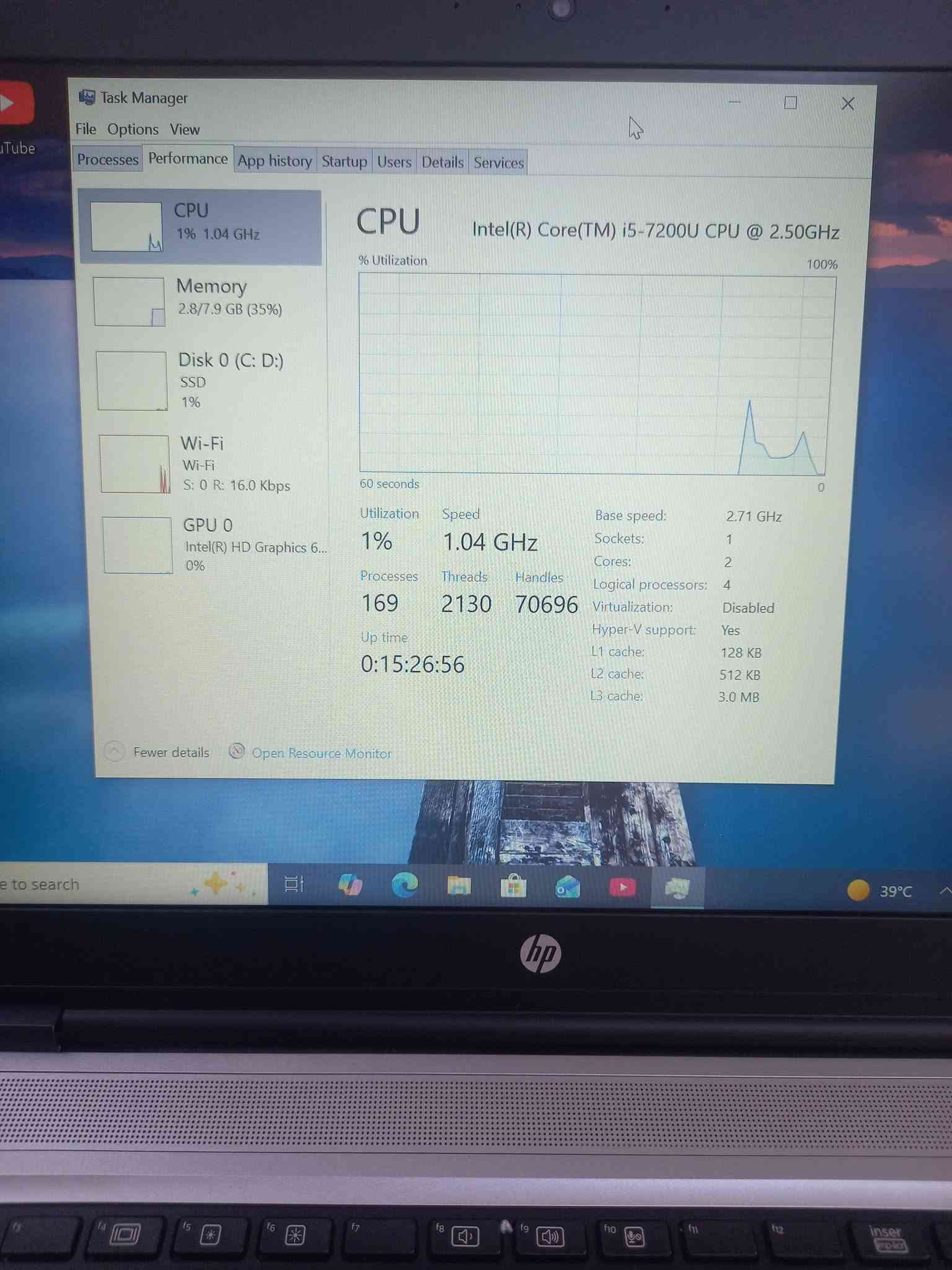 لابتوب hp 650  g3
حجم الشاشة كبير 15.6 
الجيل السابع 
المعالج كور اي 5 الجيل 7
الهارد    256   ssd 
الرام 8.      ddr4 
كارت الشاشة  4  شير 
حجم الشاشة  15.6
الشاحنة اصلية 
يحتوي على منفذ تايب سي للشحن او نقل البيانات
يحتوي على مشغل أقراص  dvd
نظام التشغيل ويندوز 10 عربي انكليزي 
الملحقات شاحنة وجنطة 
السعر   235
***********
***********
يوجد توصيل

متوفر 
تتوفر مجموعة لابتوبات بأسعار مناسبة ومواصفات مختلفة

نص مكتوب في الصور:
- About Your PC is monitored and protected. See details in Windows Security Related settings Change product key or upgrade your edition of Windows Read the Microsoft Software License Terms BitLocker settings Device Manager Remote desktop System protection Advanced system settings Rename this PC (advanced) Help from the web Finding out how many cores my processor has Checking multiple Languages support Checking multiple Languages support Installed RAM 8.00 GB Speed: 2133 MHz Processor Intel(R) Core(TM) i5-7200U CPU @ 2.50GHz 2.71 GHz Graphics Card 128 MB Intel(R) HD Graphics 620 Storage 238 GB 39 GB of 238 GB used DESKTOP-AUFQION HP ProBook 650 G3 Rename this PC Device Specifications Copy Device Name DESKTOP-AUFQION Processor Intel(R) Core(TM) i5-7200U CPU @ 2.50GHz 2.71 GHz Installed RAM 8.00 GB (7.88 GB usable) Graphics Card Intel(R) HD Graphics 620 (128 MB) 39°C ENG 12:44 AM 9/22/2026
- About Device Specifications Copy Help Findin proces Checki Checkin Ge Giv Device Name DESKTOP-AUFQION Processor Intel(R) Core(TM) i5-7200U CPU @ 2.50GHz 2.71 GHz Installed RAM 8.00 GB (7.88 GB usable) Graphics Card Intel(R) HD Graphics 620 (128 MB) Storage 238 GB SSD SAMSUNG MZVLW256HEHP-000H1 Device ID 827281B8-6DFE-4172-A690-A94DF734EA21 Product ID 00330-50739-27060-AAOEM System Type 64-bit operating system, x64-based processor Pen and touch No pen or touch input is available for this display Frequently asked questions How does having 8-16 GB of RAM impact my PC's performance? Can I run modern applications smoothly with this RAM capacity? Is my GPU sufficient for high end gaming and video experience? How can having a dedicated GPU enhance my experience and productivity? Am I running the latest version of the Windows OS? What is the latest Windows version? 39°C
- Task Manager
- File Options View
- Processes Performance App history Startup Users Details Services
- CPU
- 1% 1.04 GHz
- Memory
- 2.8/7.9 GB (35%)
- Disk 0 (C: D:)
- SSD
- 1%
- Wi-Fi
- S: 0 R: 16.0 Kbps
- GPU 0
- Intel(R) HD Graphics 6...
- 0%
- Intel(R) Core(TM) i5-7200U CPU @ 2.50GHz
- % Utilization
- 100%
- 60 seconds
- 0
- Utilization
- Speed
- 1.04 GHz
- Base speed:
- Sockets:
- Cores:
- Logical processors:
- 2.71 GHz
- 1
- 2
- 4
- Processes
- 169
- Threads
- 2130
- Handles
- 70696
- Virtualization:
- Hyper-V support:
- Disabled
- Yes
- Up time
- 0:15:26:56
- L1 cache:
- L2 cache:
- L3 cache:
- 128 KB
- 512 KB
- 3.0 MB
- Fewer details
- Open Resource Monitor
- Task Manager File Options View Processes Performance App history Startup Users Details Services CPU 0% 0.56 GHz Memory 2.8/7.9 GB (35%) Disk 0 (C: D:) SSD 1% Wi-Fi Wi-Fi S: 0 R: 0 Kbps GPU 0 Intel(R) HD Graphics 6... 0% Fewer details Open Resource Monitor Memory 8.0 GB Memory usage 7.9 GB 60 seconds 0 Memory composition In use (Compressed) Available Speed: 2133 ... 2.8 GB (64.9 MB) 5.1 GB Slots used: 1 of 2 Form factor: SODI... Committed Cached Hardware reserved: 121 ... 2.7/9.8 GB 1.5 GB Paged pool Non-paged pool 206 MB 155 MB search 39 C
- Task Manager File Options View Processes Performance App history Startup Users Details Services CPU 51% 2.04 GHz Memory 2.8/7.9 GB (35%) Disk 0 (C: D:) SSD 3% Wi-Fi Wi-Fi S: 0 R: 0 Kbps GPU 0 Intel(R) HD Graphics 6... 0% Disk 0 (C: D:) SAMSUNG MZVLW256HEHP-000H1 Active time 100% 60 seconds 0 Disk transfer rate 100 KB/s 60 seconds 0 Active time 3% Average response time 0.2 ms Read speed 2.0 MB/s Write speed 0 KB/s Capacity: 239 GB Formatted: 239 GB System disk: Yes Page file: Yes Type: SSD Fewer details Open Resource Monitor 39 C
- Task Manager File Options View Processes Performance App history Startup Users Details Services CPU 1% 0.86 GHz Memory 2.8/7.9 GB (35%) Disk 0 (C: D:) SSD 2% Wi-Fi Wi-Fi S: 0 R: 0 Kbps GPU 0 Intel(R) HD Graphics 6... 0% GPU Intel(R) HD Graphics 620 3D 0% Copy 0% Video Decode 0% Video Processing 0% Shared GPU memory usage 3.9 GB Utilization 0% GPU Memory 0.1/3.9 GB Shared GPU memory 0.1/3.9 GB Driver version: 31.0.101.2140 Driver date: 11/5/2025 DirectX version: 12 (FL 12.1) Physical location: PCI bus 0, device ... Fewer details Open Resource Monitor