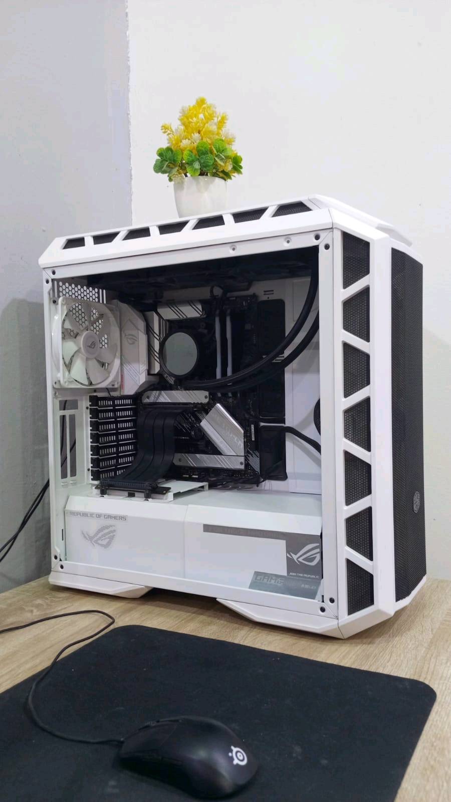 للبيع كيس بجوده قطع احترافيه بدون كرت شاشة الموصفات 

المعالج 
CPU: AMD Ryzen 7 5800X

لوحه الام 
Motherboard: ASUS ROG STRIX B550-A GAMING

الرامات 
RAM: CORSAIR VENGEANCE RGB PRO 32GB (2x16GB) DDR4 3600MHz C18 AMD

التخزين 
SSD: Samsung 980 PRO 1TB
+
SSD: Samsung 980 PRO 500GB

المبرد المائي 
Cooling: NZXT Kraken X73

البور سبلاي 
PSU: NZXT C750 Gold 750W

الكيس 
Case: Cooler Master MasterCase H500P Mesh White ARGB

استاند كرت الشاشه 
Vertical GPU Riser: Phanteks PH-CBRS4.0_FL22 220mm PCI-E Gen4 x16, 90°
كل القطع براندات عالميه وسعره غالي واستعمال خفيف والجهاز انطيك اياا ضمان طول هاي السنه وبالعافيه علي ياخذها
